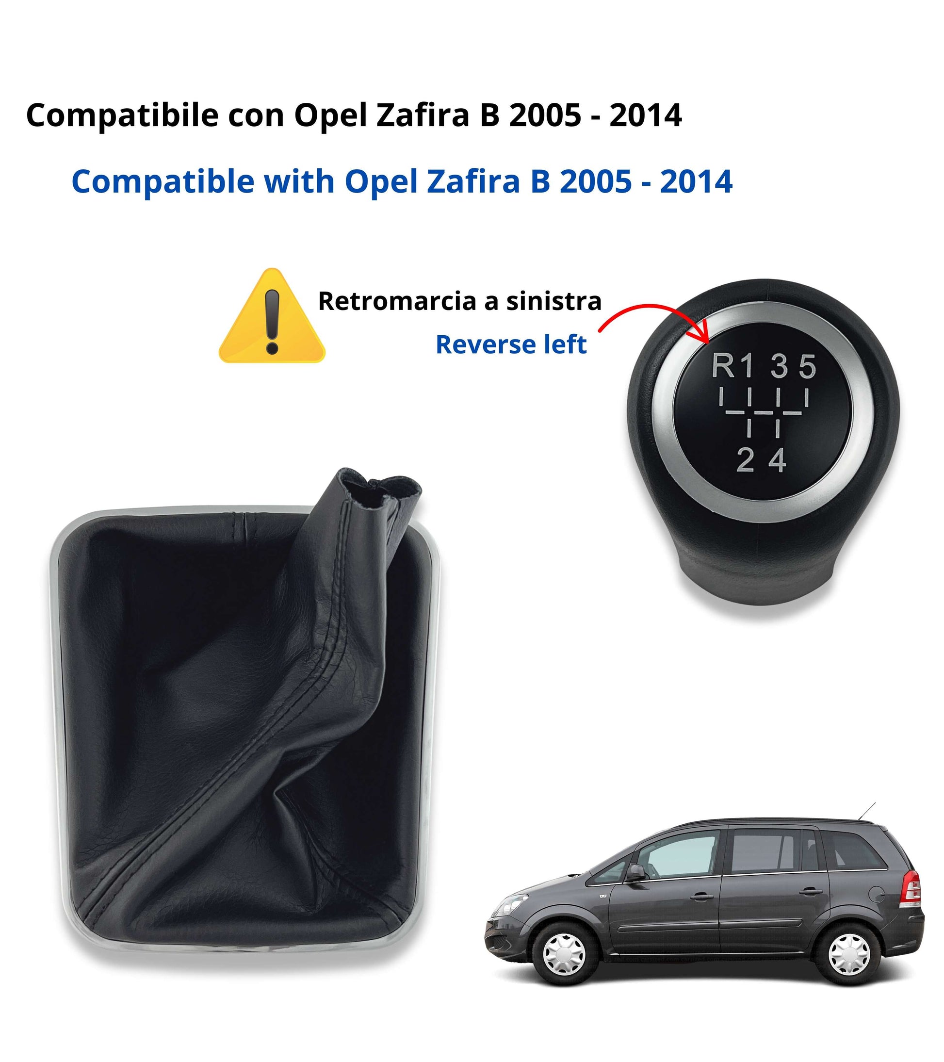 Kit Pomello Leva Cambio Nero 5 Marce con Cuffia, Cornice Argento e Ghiera Compatibile con Opel Zafira B 2005–2014, Verifica Codice OEM 55354140