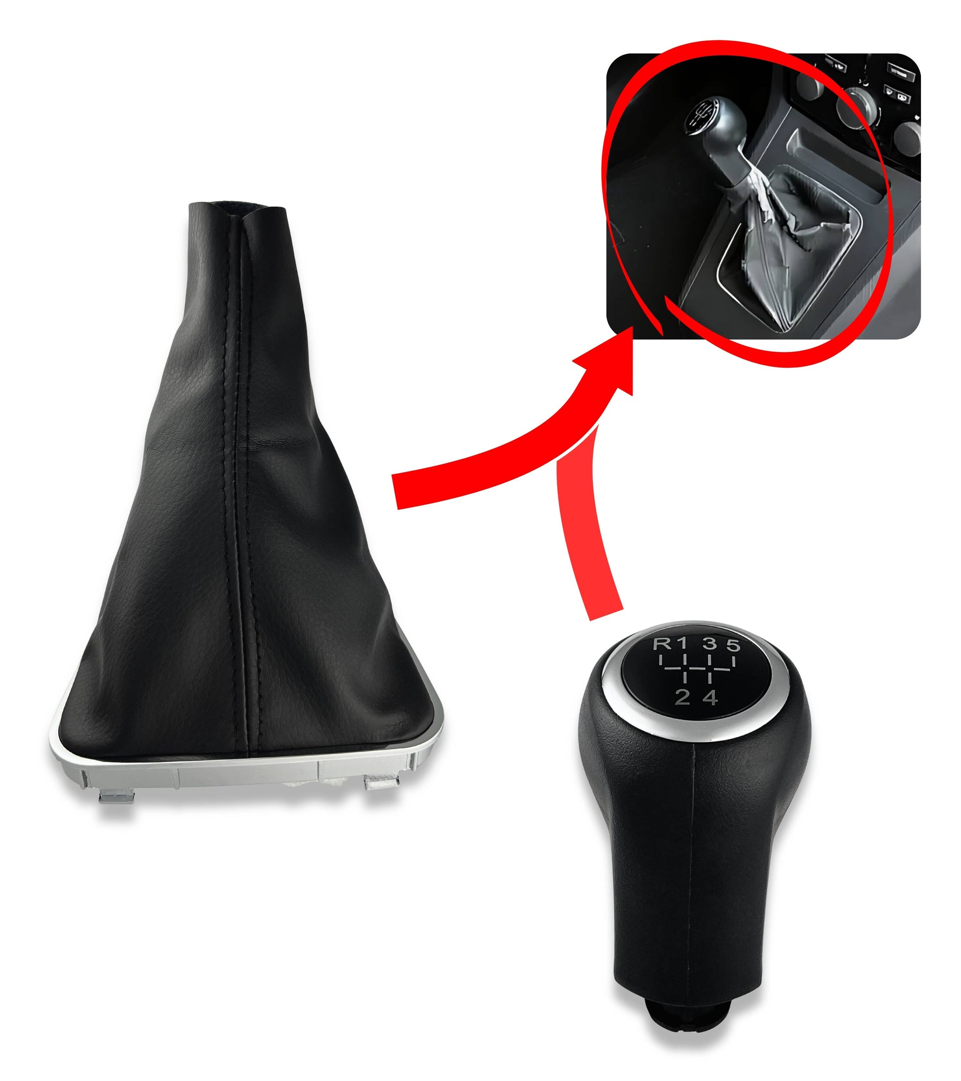 Kit Pomello Leva Cambio Nero 5 Marce con Cuffia, Cornice Argento e Ghiera Compatibile con Opel Zafira B 2005–2014, Verifica Codice OEM 55354140
