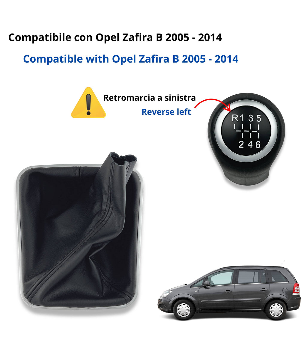 Kit Pomello Leva Cambio Nero 6 Marce con Cuffia, Cornice Argento e Ghiera Compatibile con Opel Zafira B 2005–2014, Verifica Codice OEM 55354140