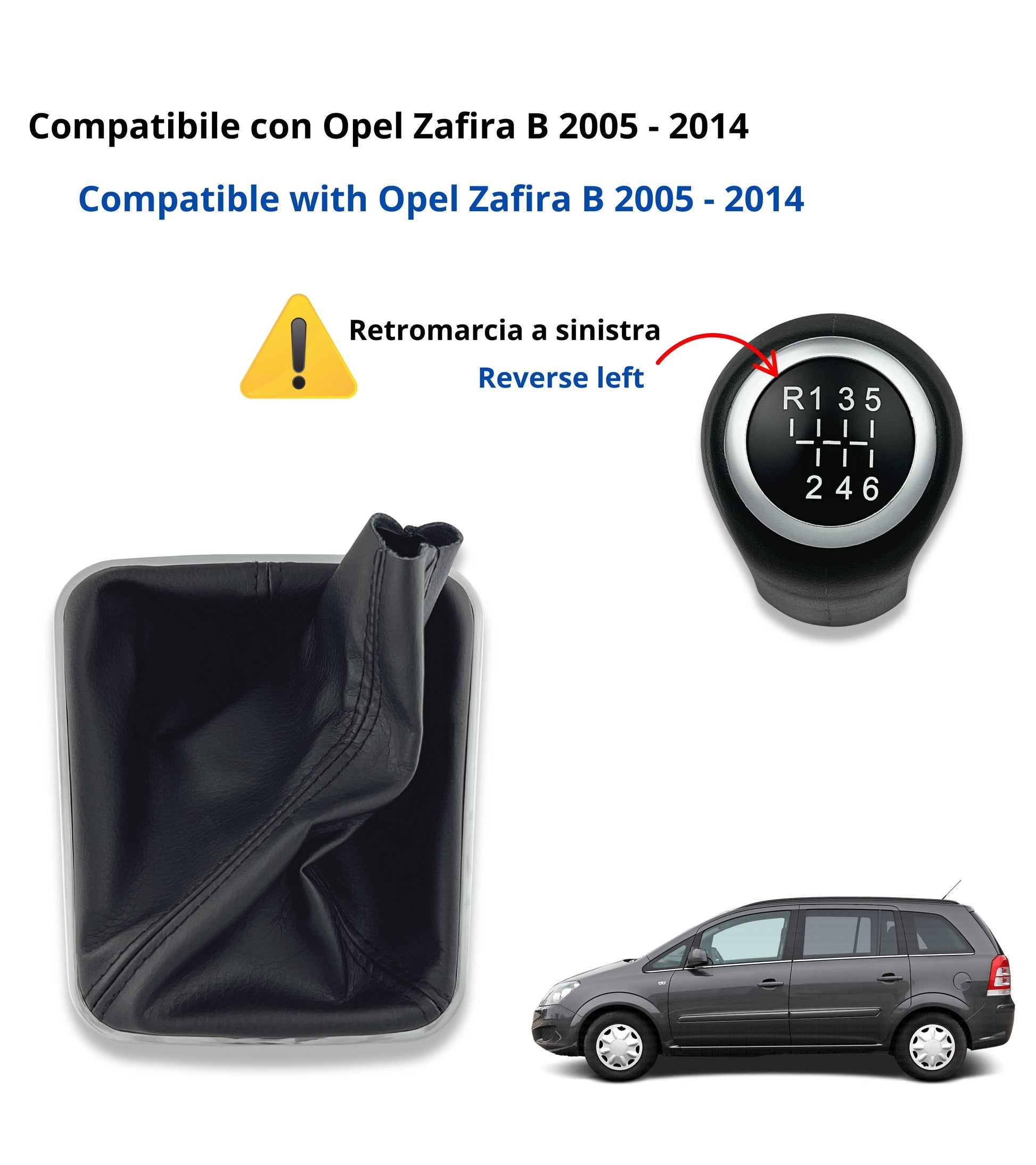 Kit Pomello Leva Cambio Nero 6 Marce con Cuffia, Cornice Argento e Ghiera Compatibile con Opel Zafira B 2005–2014, Verifica Codice OEM 55354140