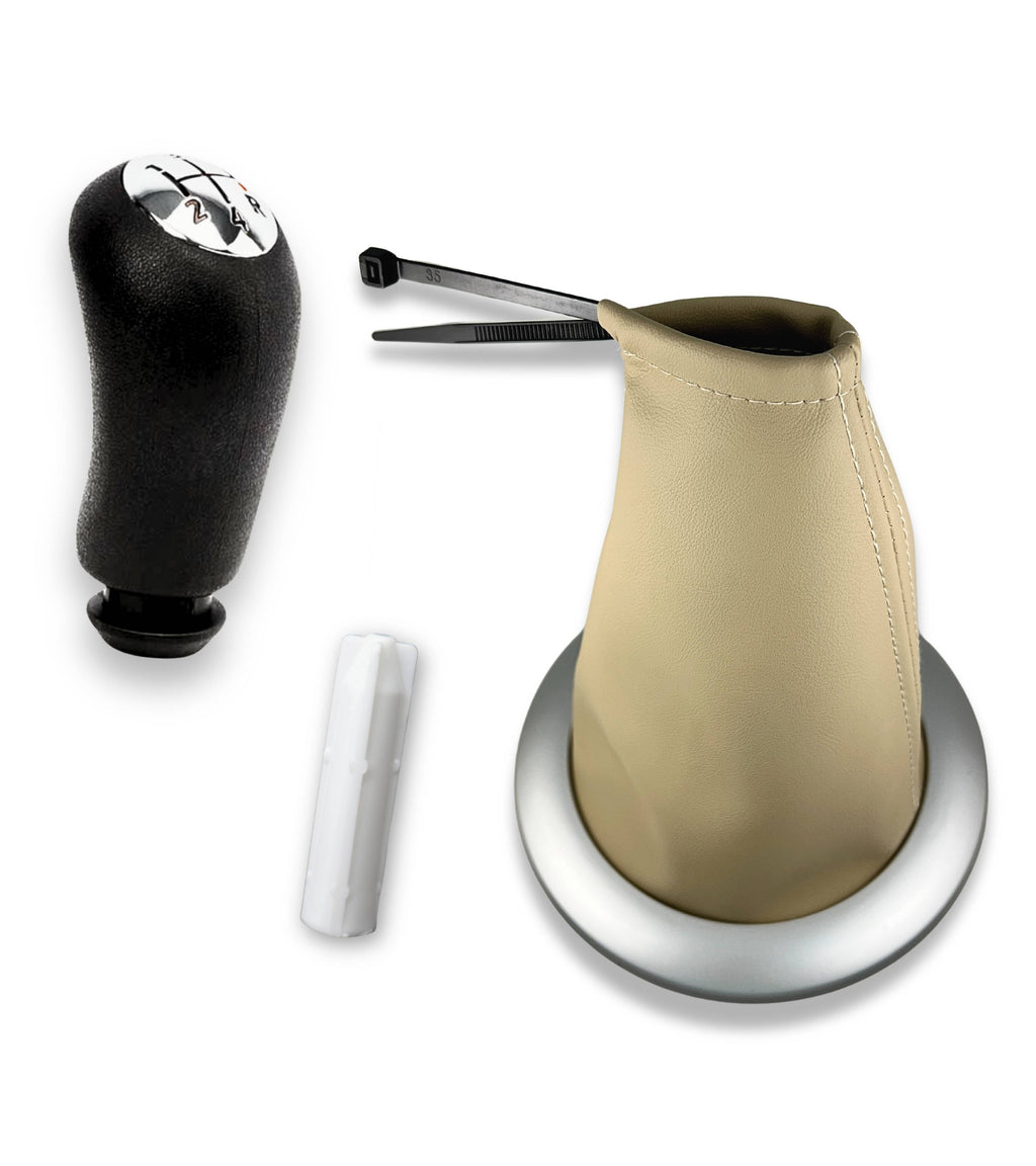 Kit Pomello Leva Cambio 5 Marce, Cuffia Beige Cornice Argento Satinata, Ghiera e Adattatore, Compatibile con Renault Megane II 2002–2009
