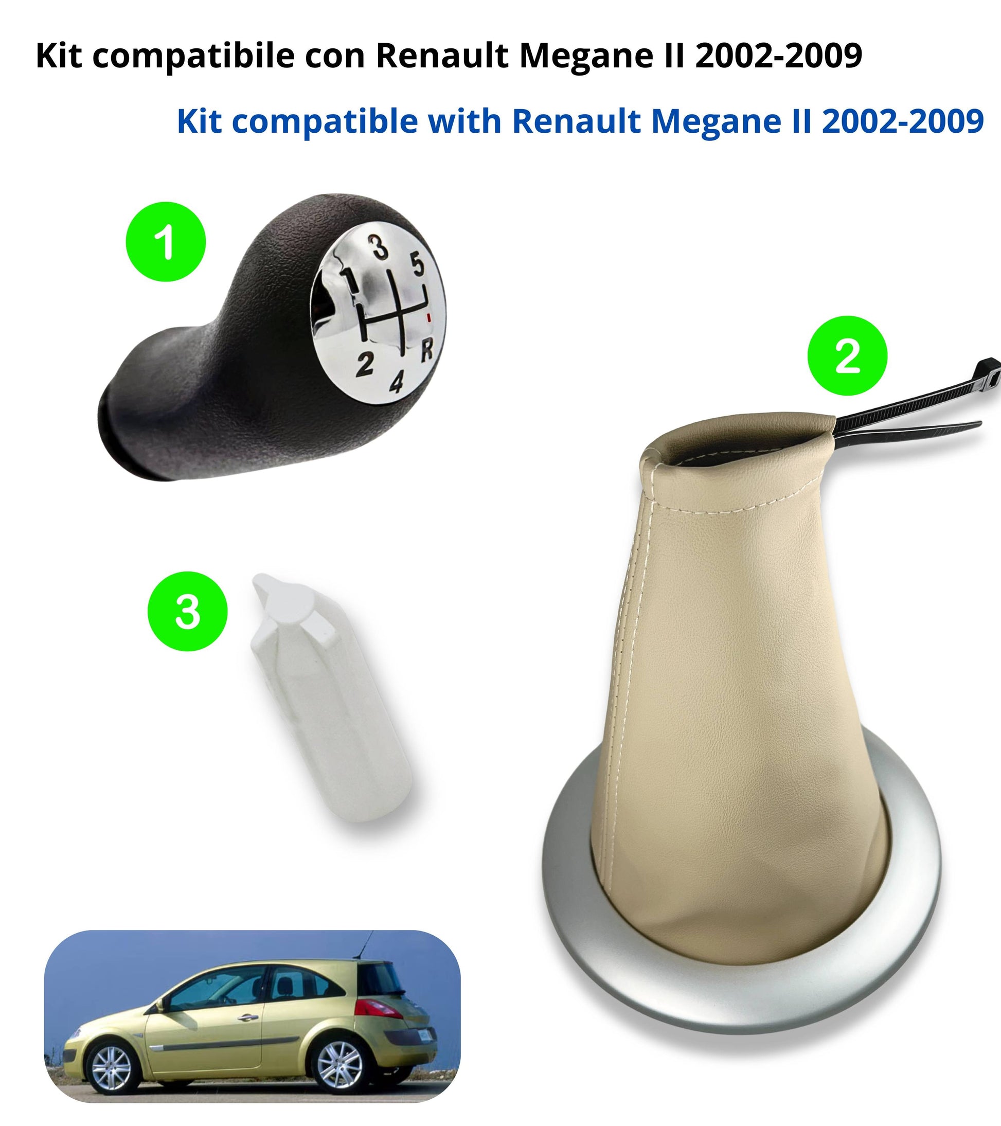 Kit Pomello Leva Cambio 5 Marce, Cuffia Beige Cornice Argento Satinata, Ghiera e Adattatore, Compatibile con Renault Megane II 2002–2009