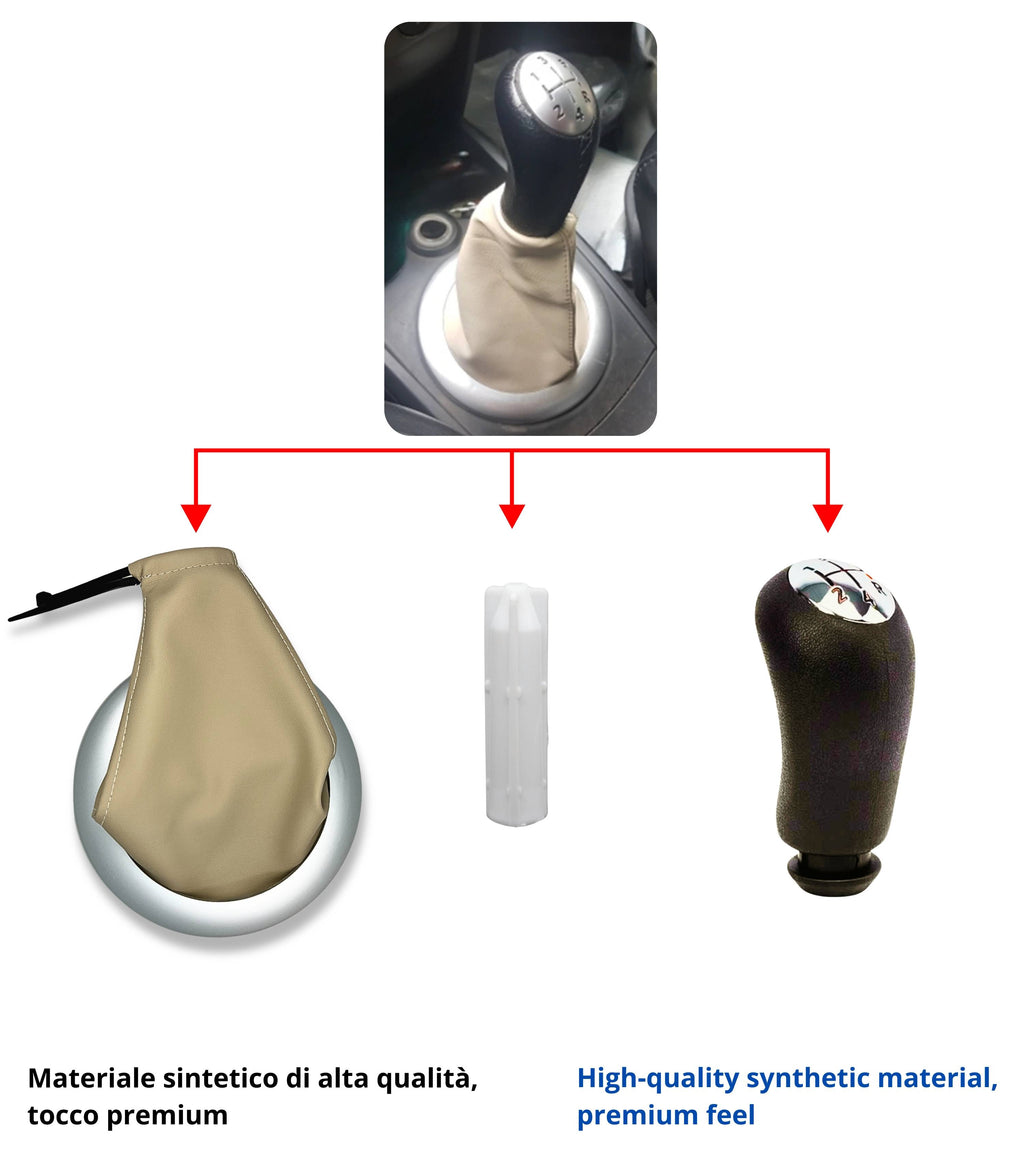 Kit Pomello Leva Cambio 5 Marce, Cuffia Beige Cornice Argento Satinata, Ghiera e Adattatore, Compatibile con Renault Megane II 2002–2009