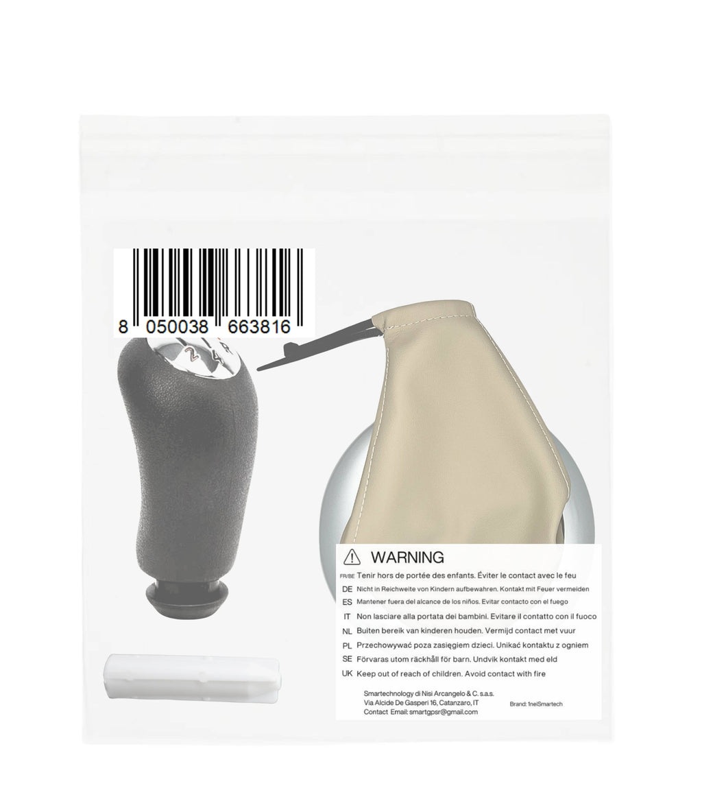 Kit Pomello Leva Cambio 5 Marce, Cuffia Beige Cornice Argento Satinata, Ghiera e Adattatore, Compatibile con Renault Megane II 2002–2009