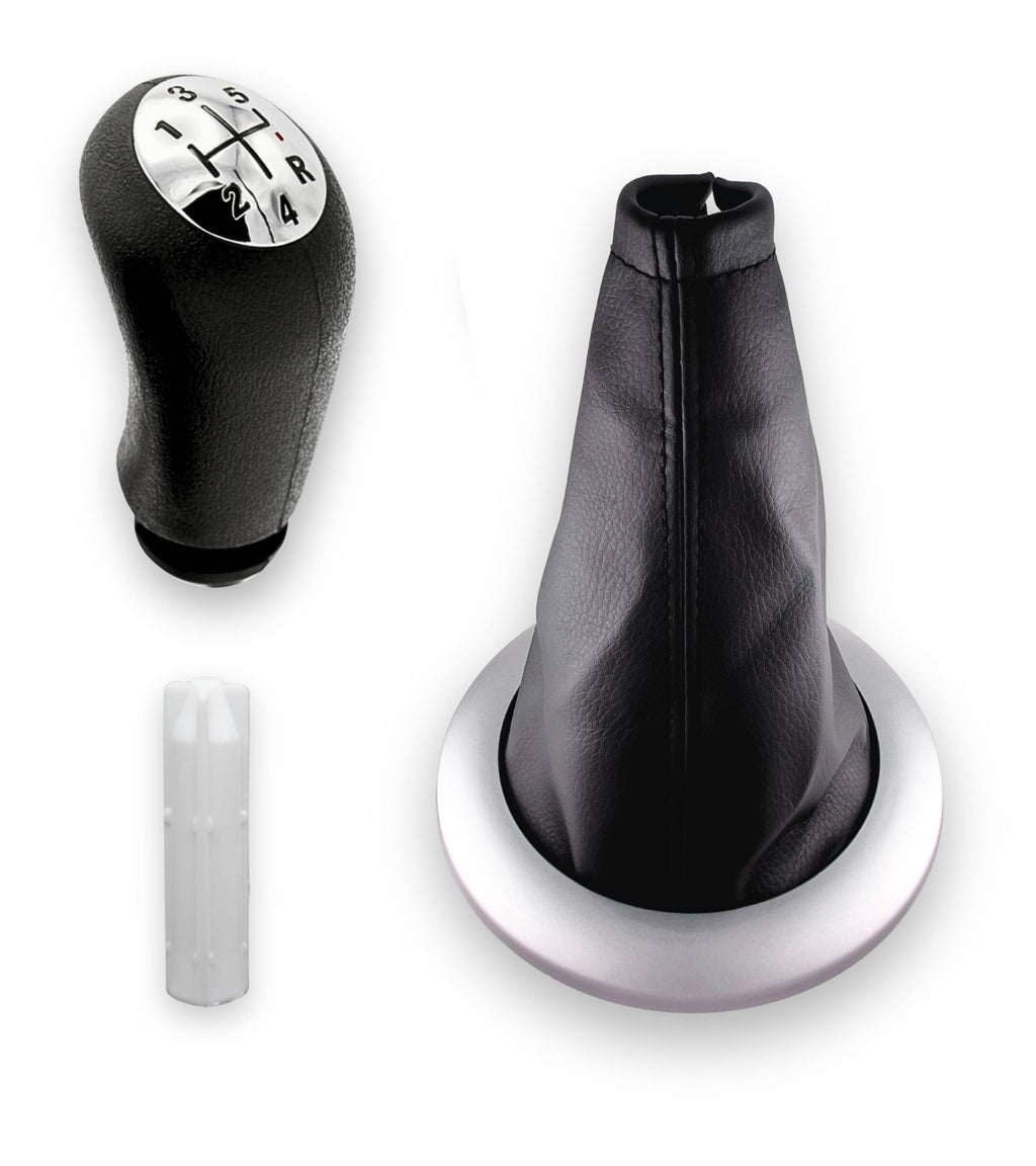 Kit Pomello Leva Cambio 5 Marce, Cuffia Nera Cornice Argento Satinata, Ghiera e Adattatore, Compatibile con Renault Megane II 2002–2009