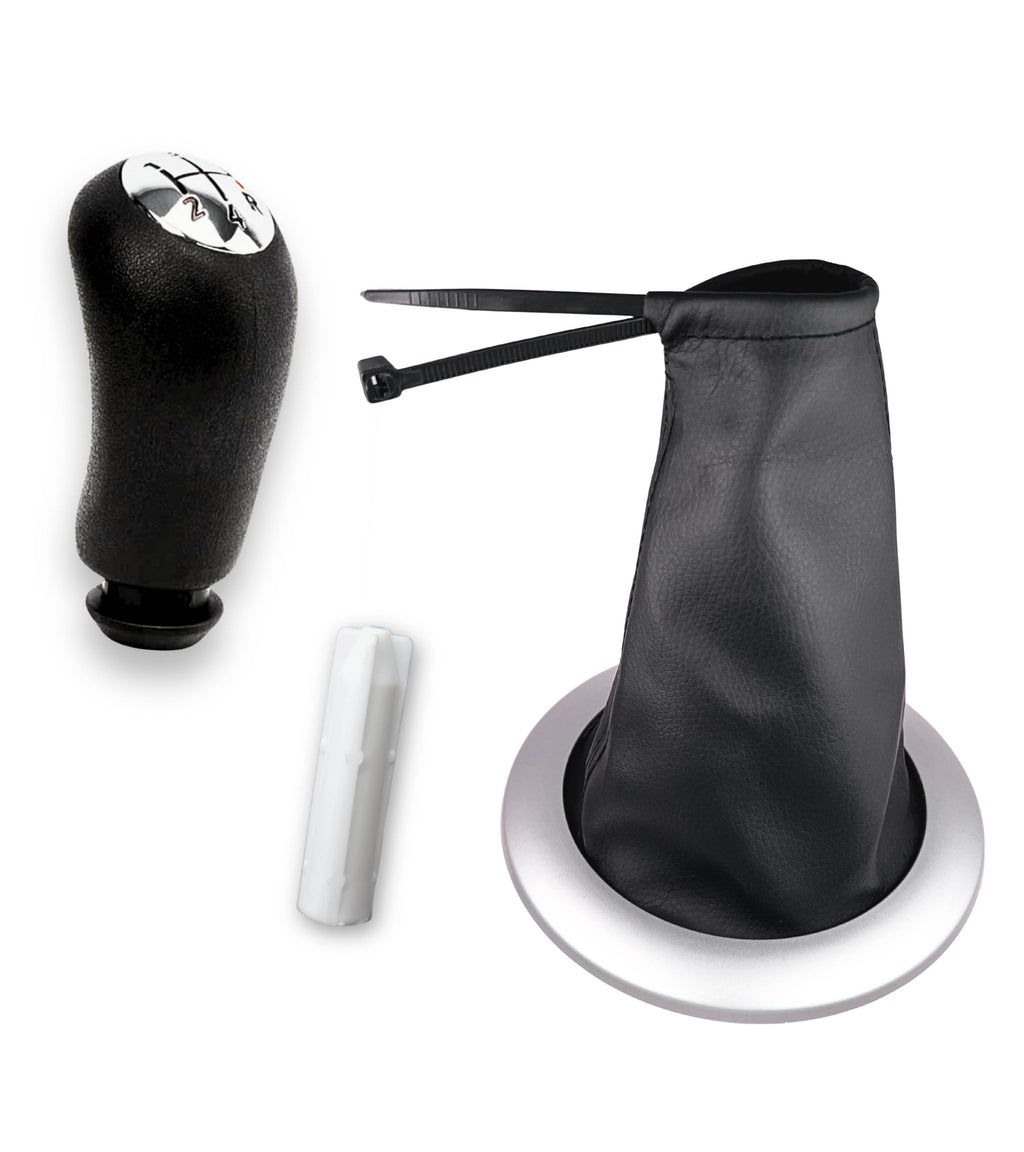 Kit Pomello Leva Cambio 5 Marce, Cuffia Nera Cornice Argento Satinata, Ghiera e Adattatore, Compatibile con Renault Megane II 2002–2009