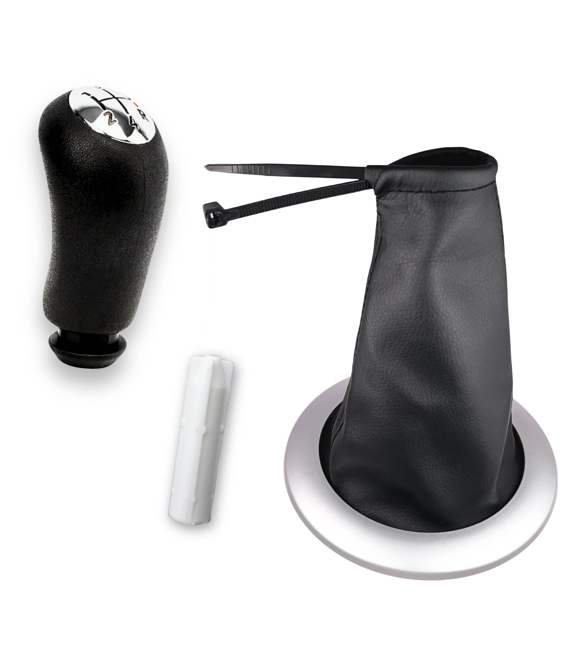 Kit Pomello Leva Cambio 5 Marce, Cuffia Nera Cornice Argento Satinata, Ghiera e Adattatore, Compatibile con Renault Megane II 2002–2009