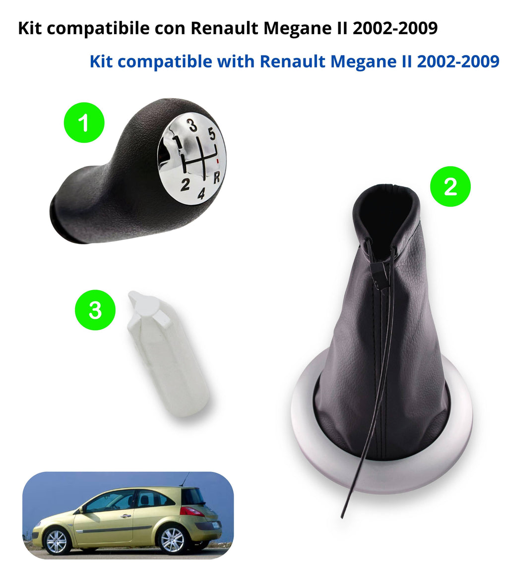 Kit Pomello Leva Cambio 5 Marce, Cuffia Nera Cornice Argento Satinata, Ghiera e Adattatore, Compatibile con Renault Megane II 2002–2009