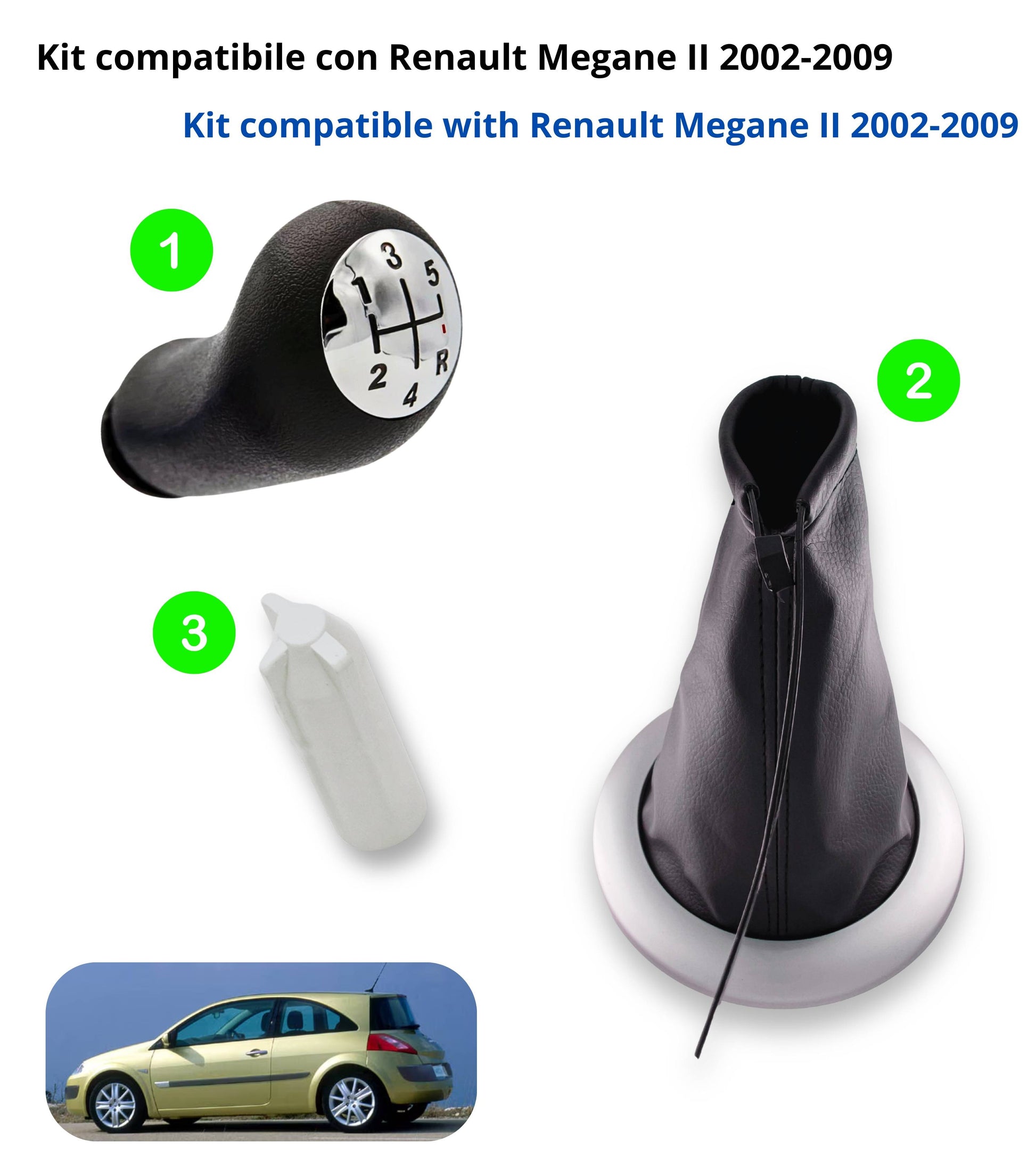 Kit Pomello Leva Cambio 5 Marce, Cuffia Nera Cornice Argento Satinata, Ghiera e Adattatore, Compatibile con Renault Megane II 2002–2009