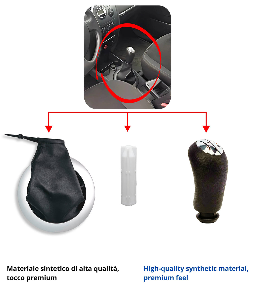 Kit Pomello Leva Cambio 5 Marce, Cuffia Nera Cornice Argento Satinata, Ghiera e Adattatore, Compatibile con Renault Megane II 2002–2009