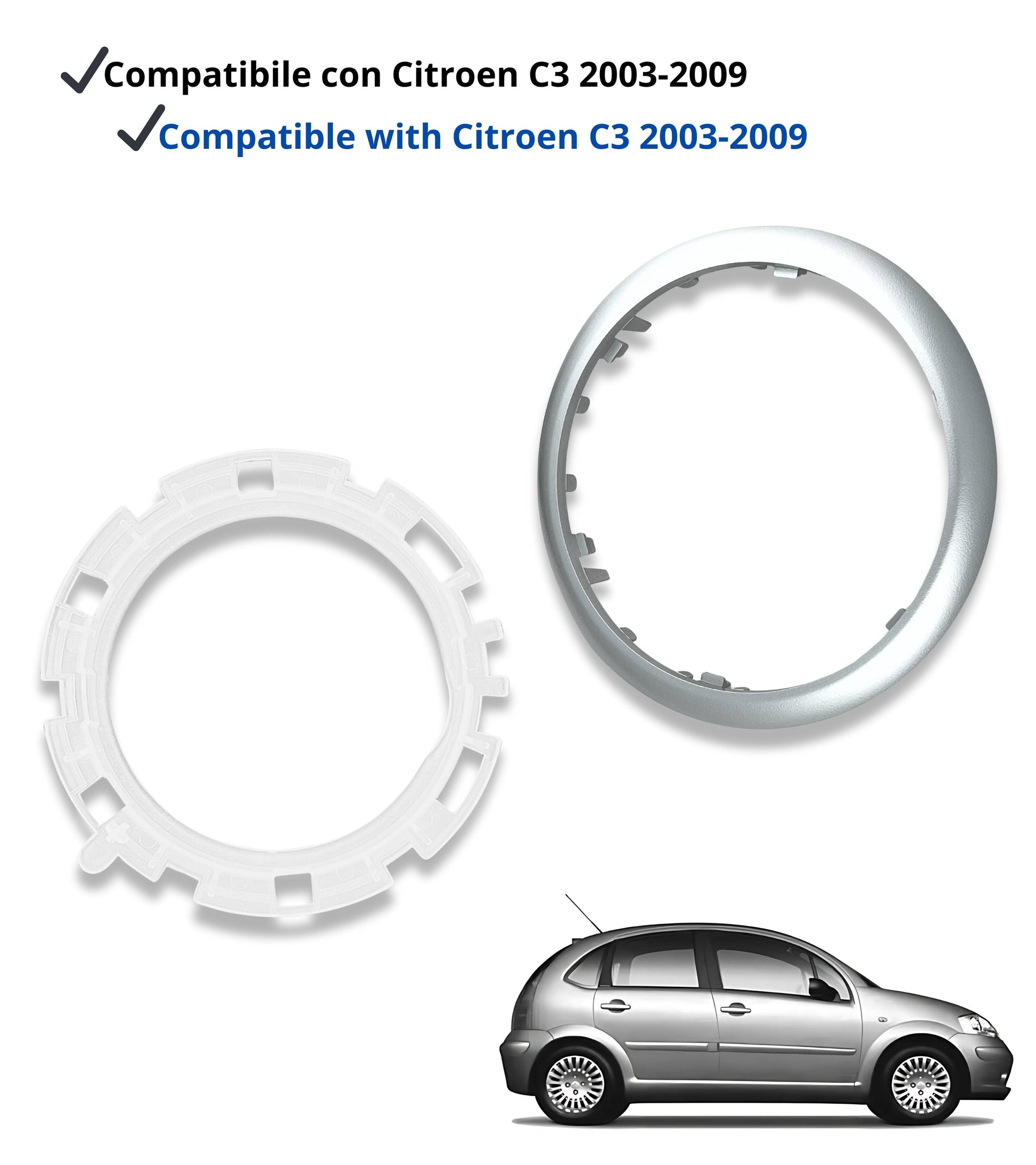 Kit Ghiera di Ritenzione e Cornice Esterna Argento per Cuffia Asta del Cambio Compatibile con Citroen C3 2003-2009 e C2 2003-2010, Oem 7589T8, 7589V0