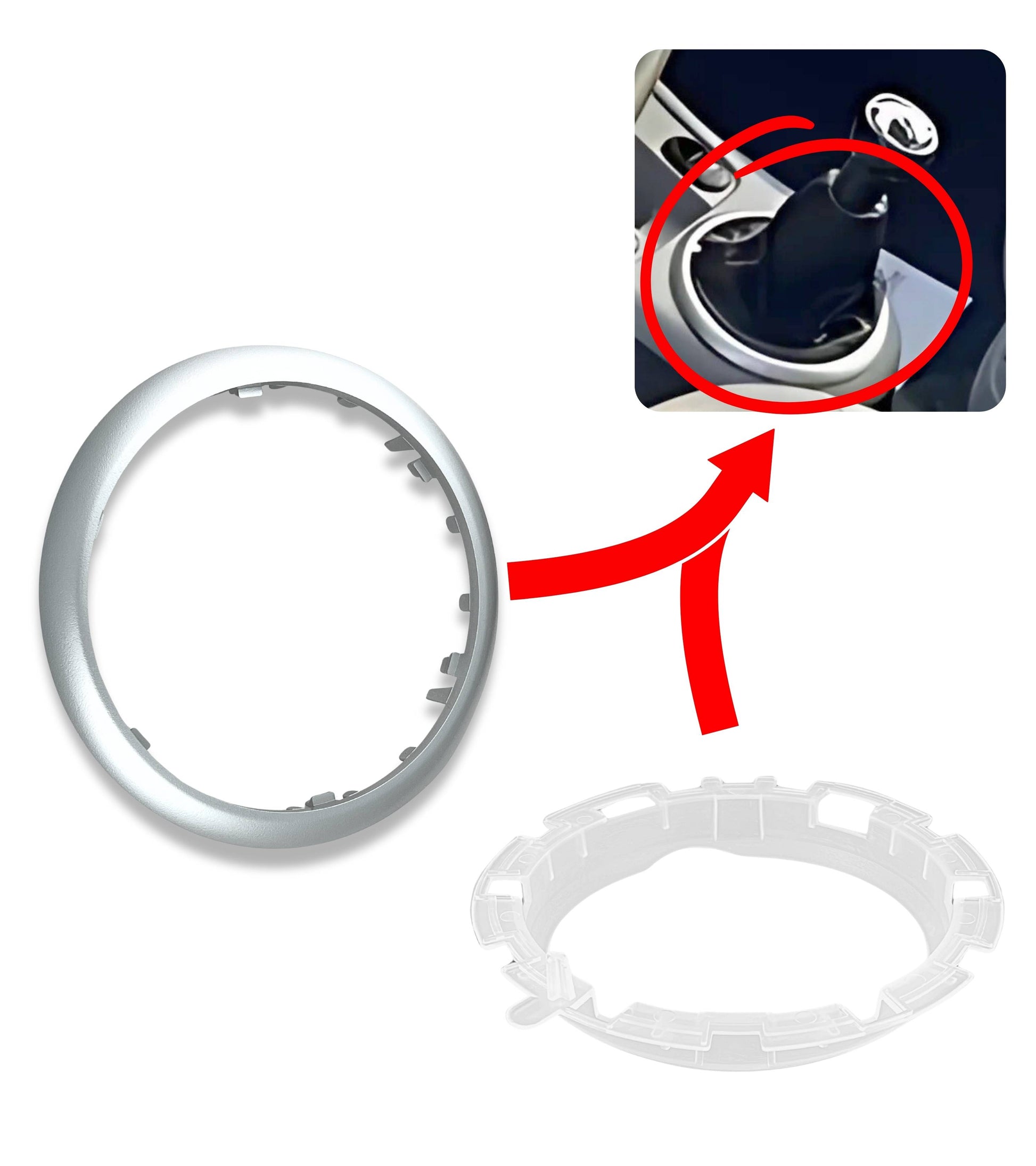 Kit Ghiera di Ritenzione e Cornice Esterna Argento per Cuffia Asta del Cambio Compatibile con Citroen C3 2003-2009 e C2 2003-2010, Oem 7589T8, 7589V0
