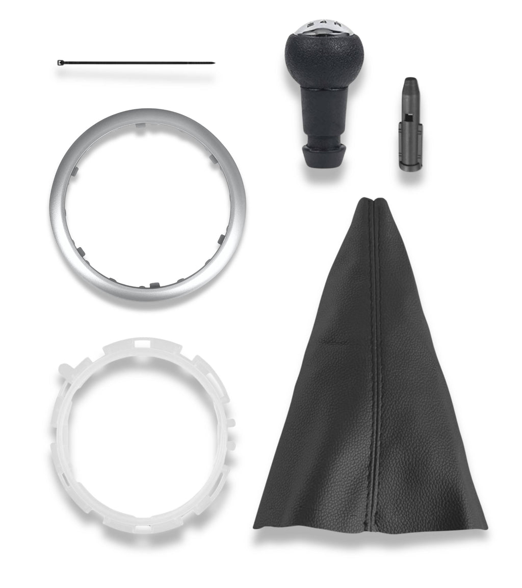 Kit Pomello Cambio 5 Marce, Cuffia Nera, Cornice Esterna Argento, Ghiera di Ritenzione Compatibile con Citroen C3 2003-2009 e Adattatore Leva Cambio