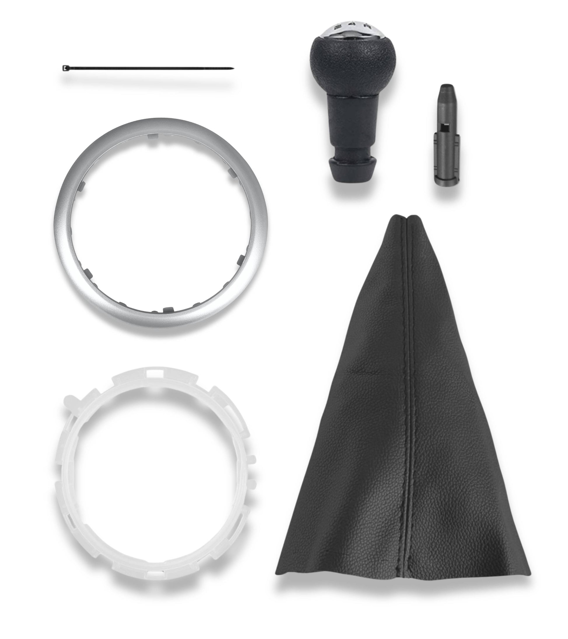 Kit Pomello Cambio 5 Marce, Cuffia Nera, Cornice Esterna Argento, Ghiera di Ritenzione Compatibile con Citroen C3 2003-2009 e Adattatore Leva Cambio