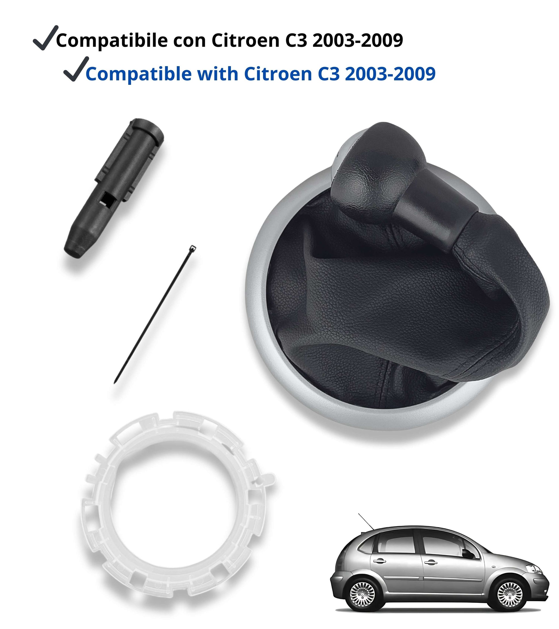 Kit Pomello Cambio 5 Marce, Cuffia Nera, Cornice Esterna Argento, Ghiera di Ritenzione Compatibile con Citroen C3 2003-2009 e Adattatore Leva Cambio
