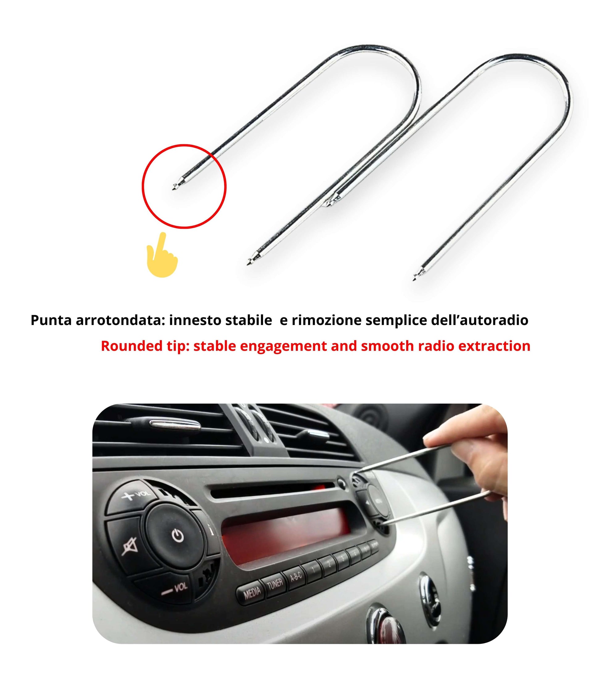 Kit Estrazione per Autoradio Bosch con 2 Chiavette in Acciaio Compatibile con Fiat 500 2008–2014, con Punte Arrotondate per Rimozione Radio