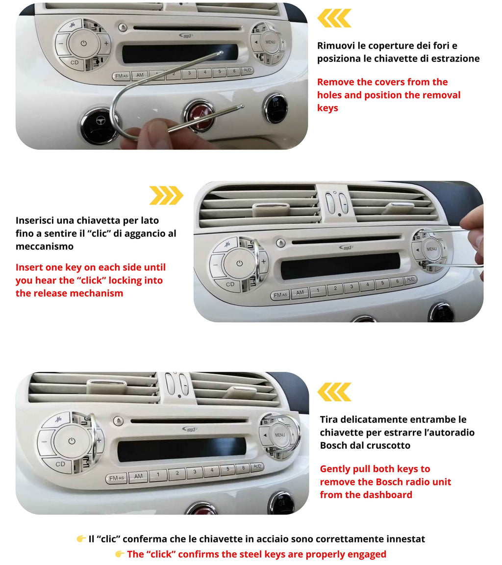 Kit Estrazione per Autoradio Bosch con 2 Chiavette in Acciaio Compatibile con Fiat 500 2008–2014, con Punte Arrotondate per Rimozione Radio