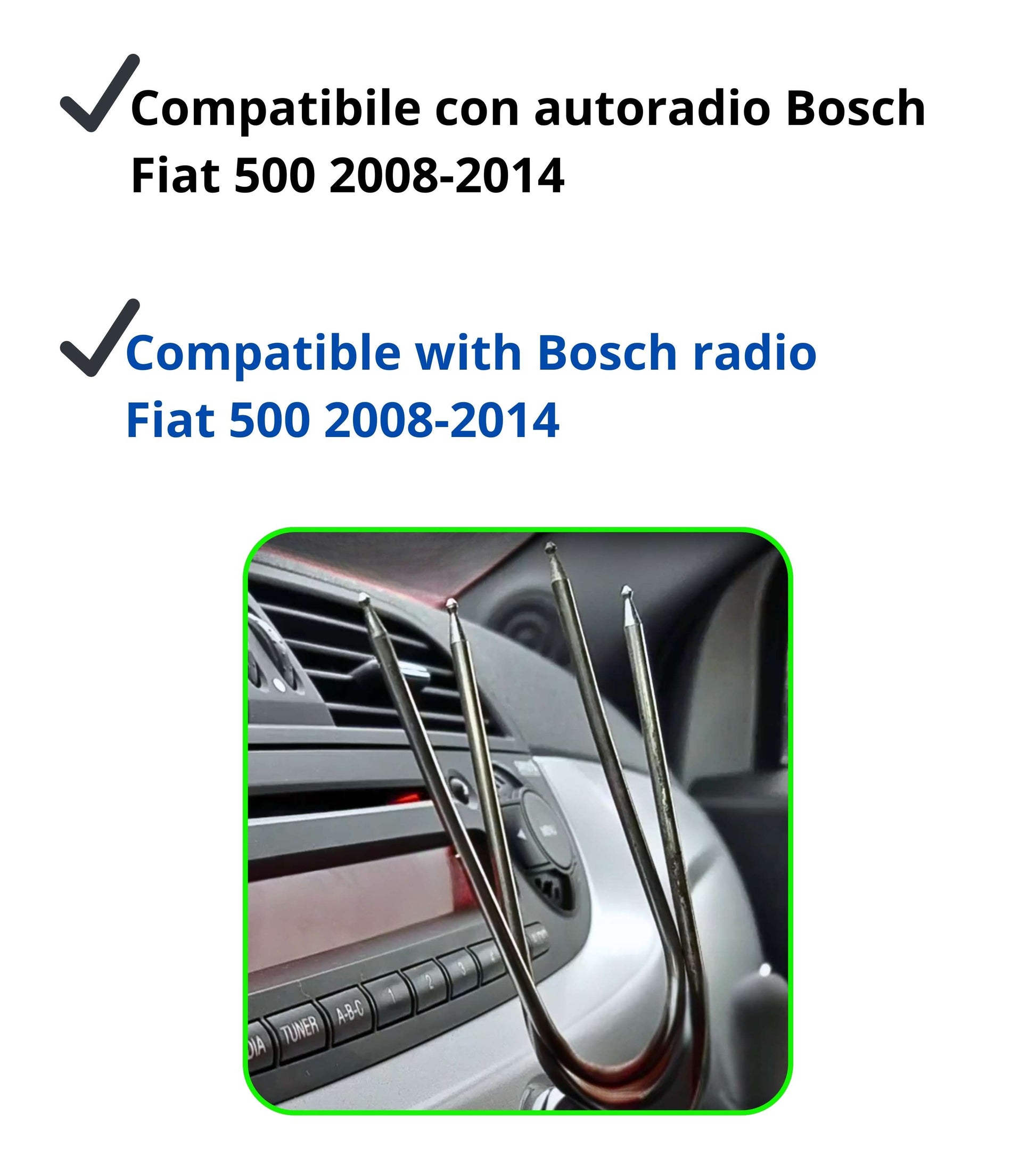 Kit Estrazione per Autoradio Bosch con 2 Chiavette in Acciaio Compatibile con Fiat 500 2008–2014, con Punte Arrotondate per Rimozione Radio