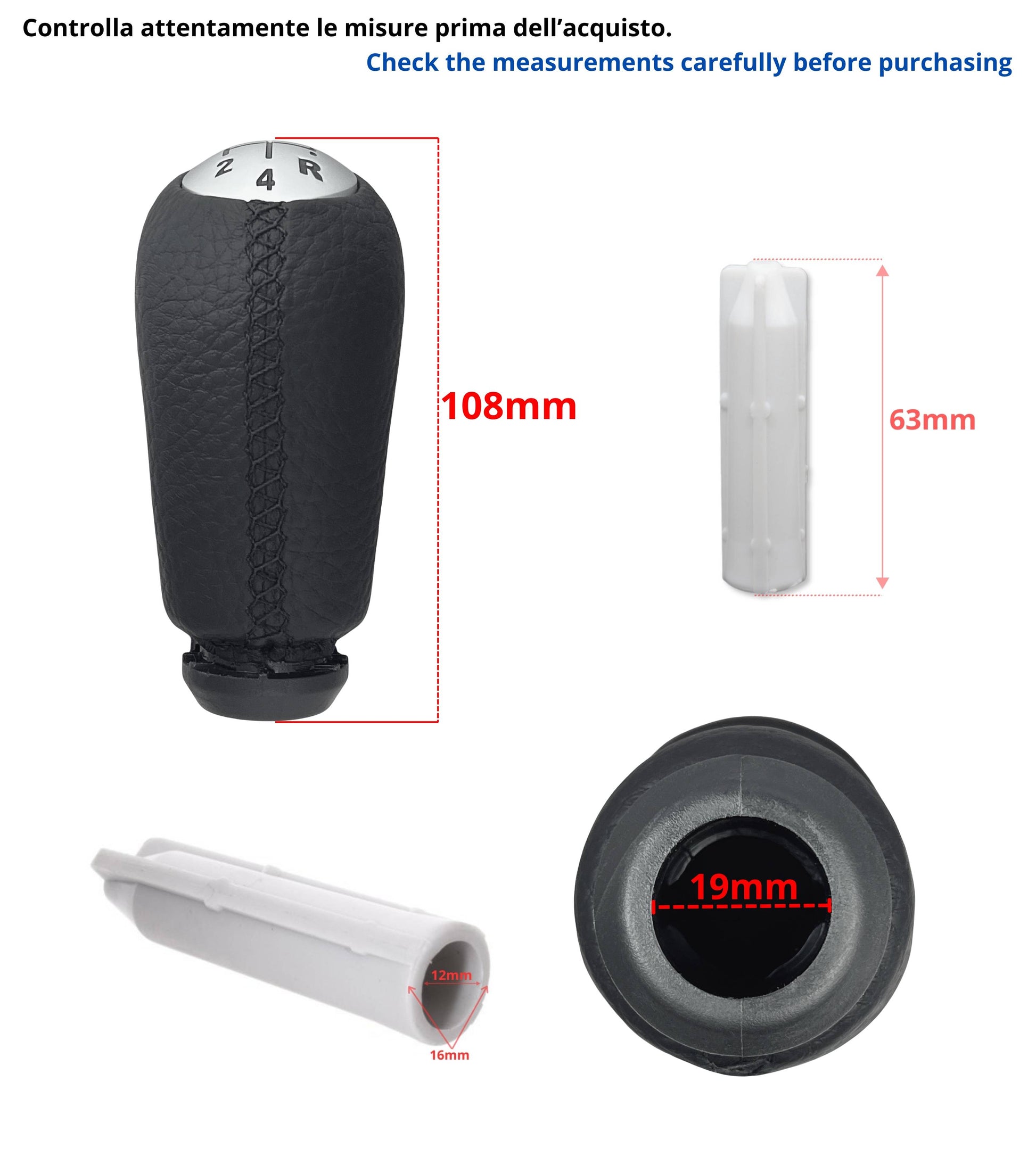 Kit Pomello Leva Cambio 5 Marce con Adattatore in Plastica Compatibile con Smart Fortwo III 453 2014–2022 e Forfour W453 2014–2024, Retro a Destra