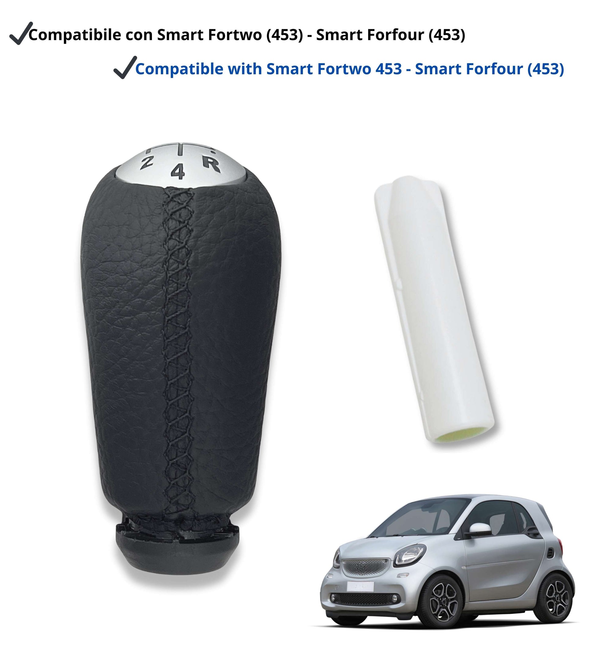 Kit Pomello Leva Cambio 5 Marce con Adattatore in Plastica Compatibile con Smart Fortwo III 453 2014–2022 e Forfour W453 2014–2024, Retro a Destra