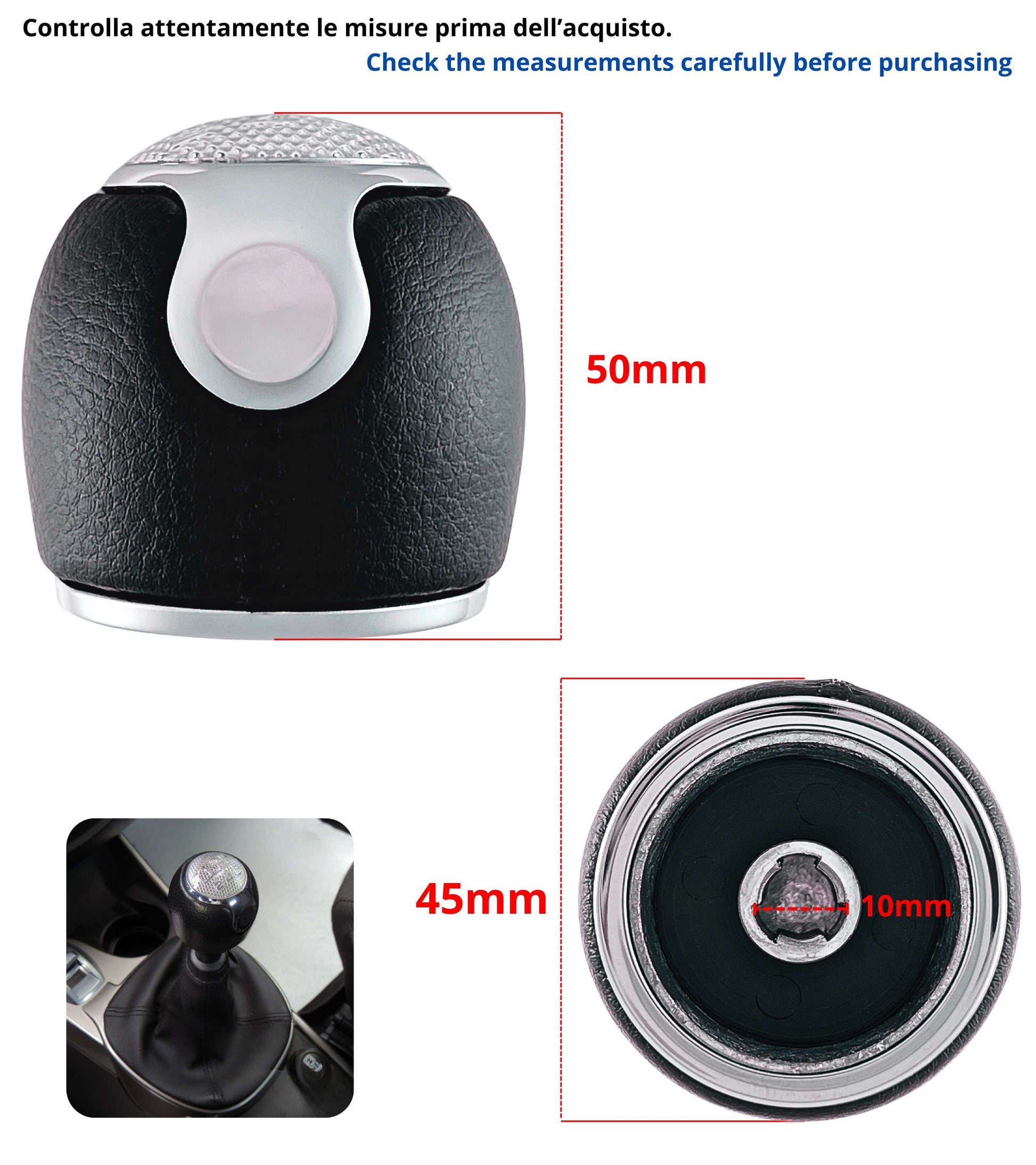 Kit Pomello Leva Cambio 6 Marce con Cuffia Compatibile con Alfa Romeo MiTo dal 2008, Lente Cromata Argento e Ghiera di Ritenzione Inclusa