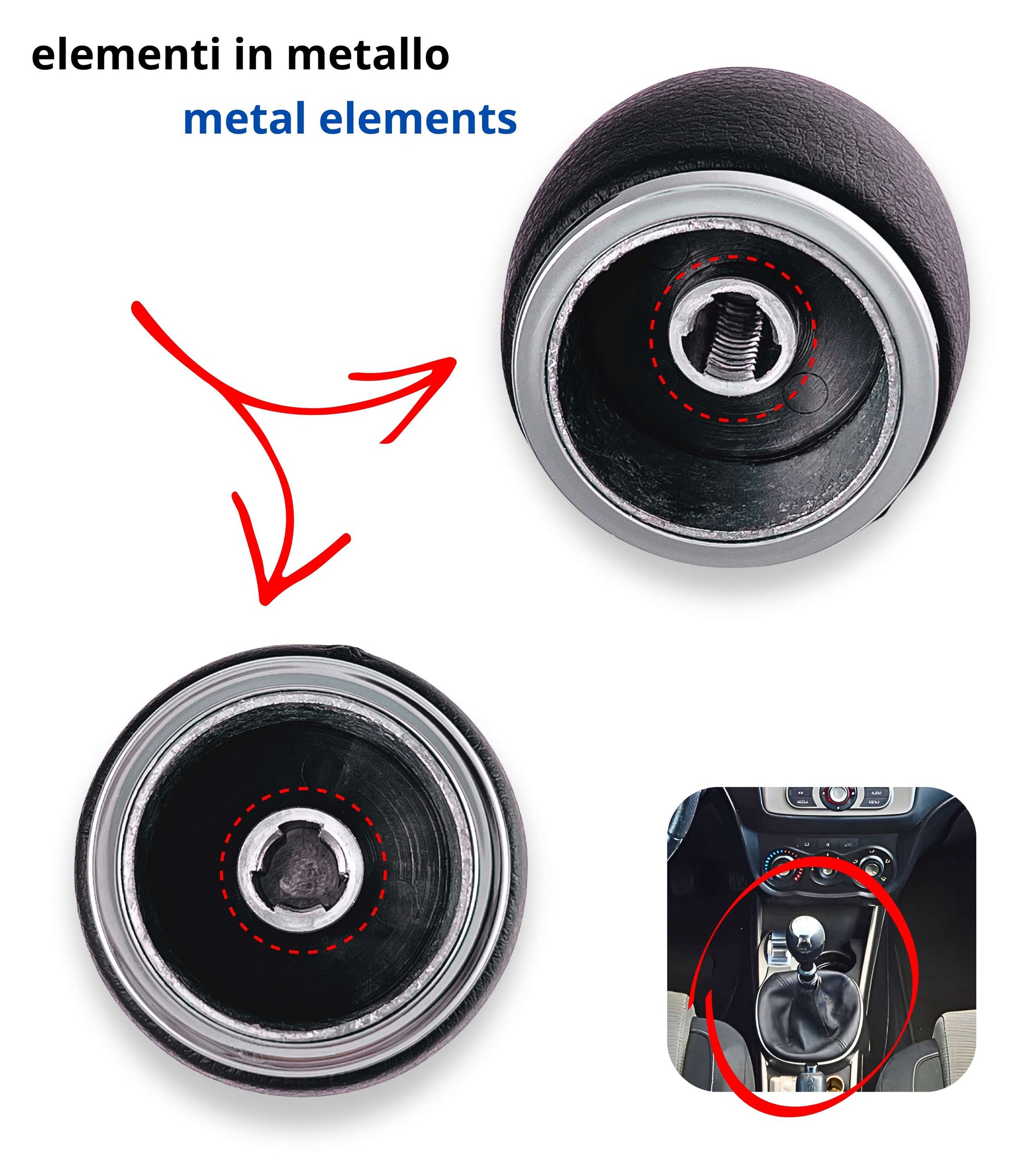 Kit Pomello Leva Cambio 6 Marce con Cuffia Compatibile con Alfa Romeo MiTo dal 2008, Lente Cromata Argento e Ghiera di Ritenzione Inclusa