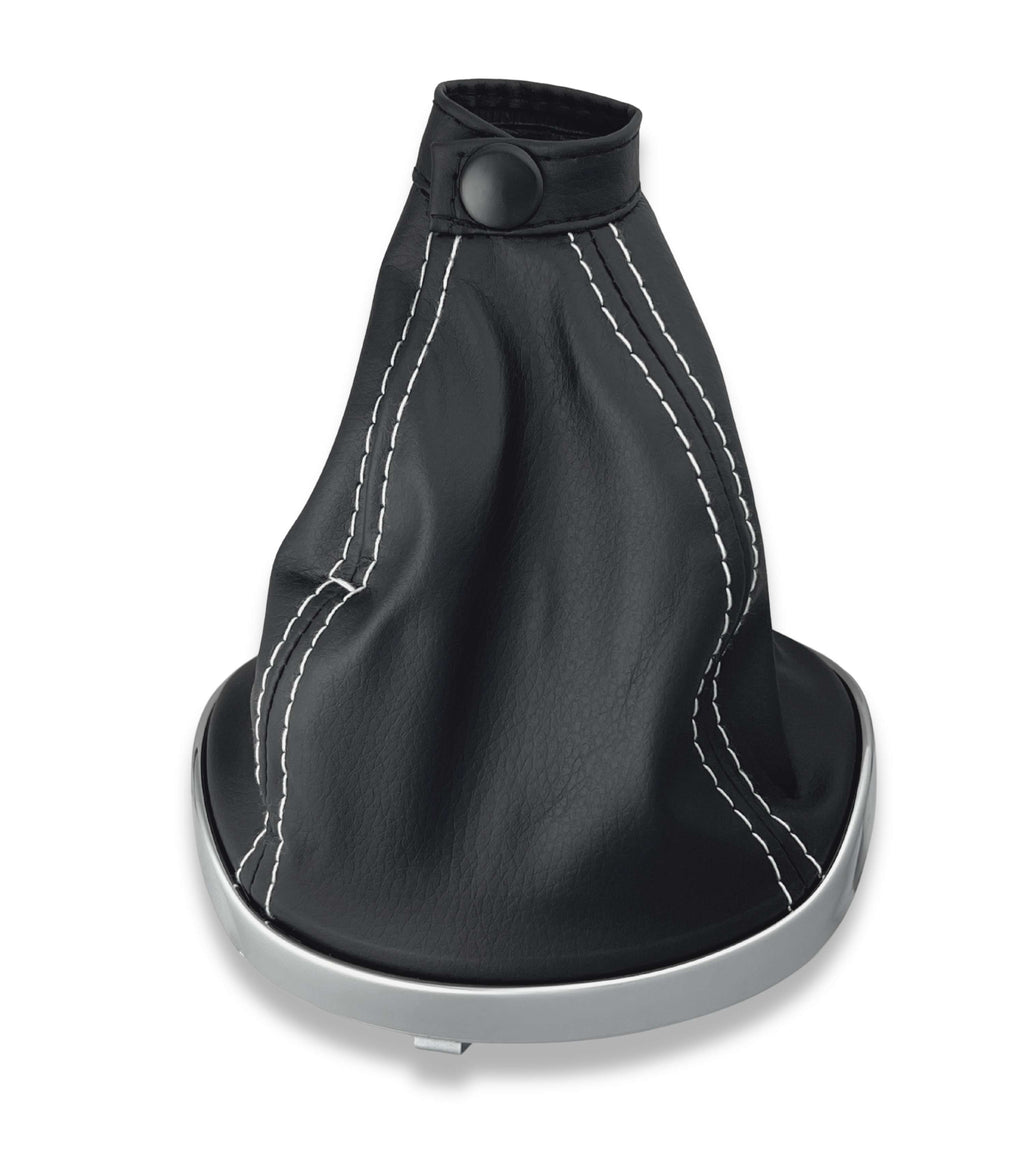 Cuffia Leva Cambio Nera con Cuciture Bianche Compatibile con Lancia Ypsilon 843 2003–2011, Cornice Argento Cromato, Ghiera Premontata OEM 735442310