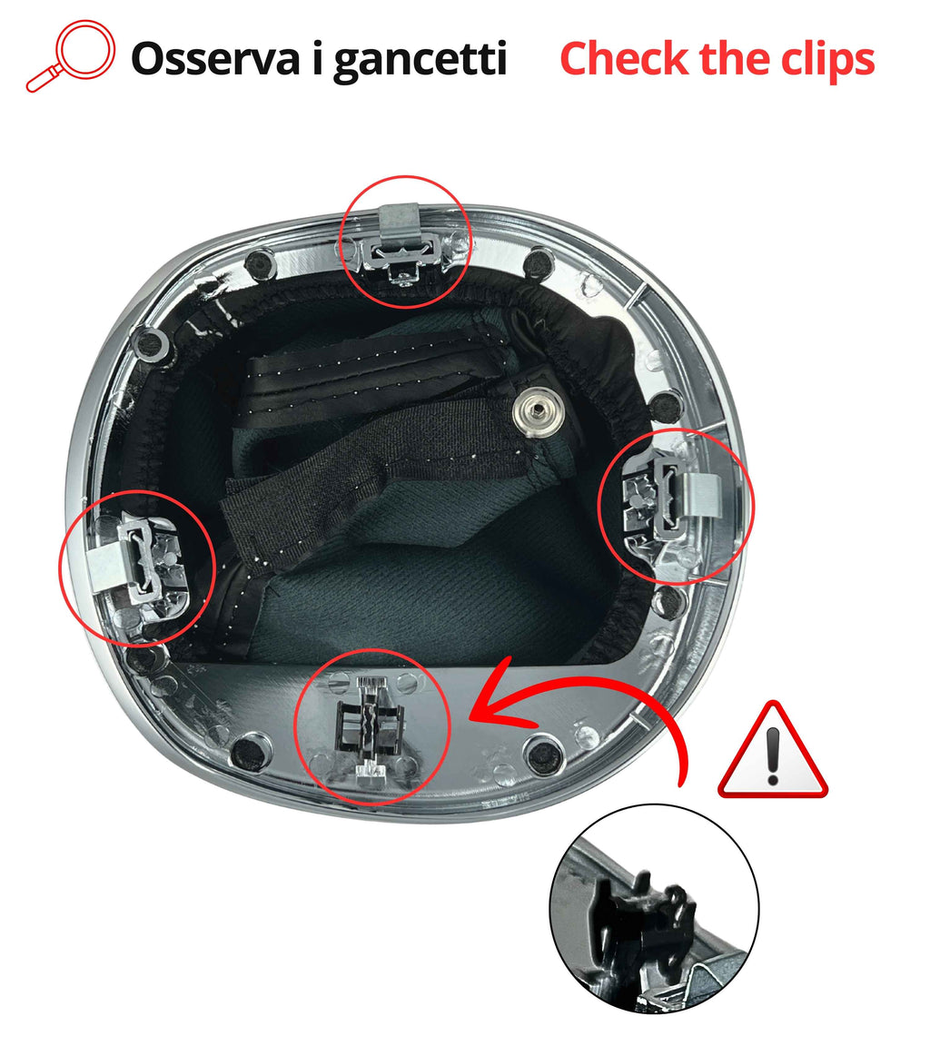 Cuffia Leva Cambio Nera con Cuciture Bianche Compatibile con Lancia Ypsilon 843 2003–2011, Cornice Argento Cromato, Ghiera Premontata OEM 735442310