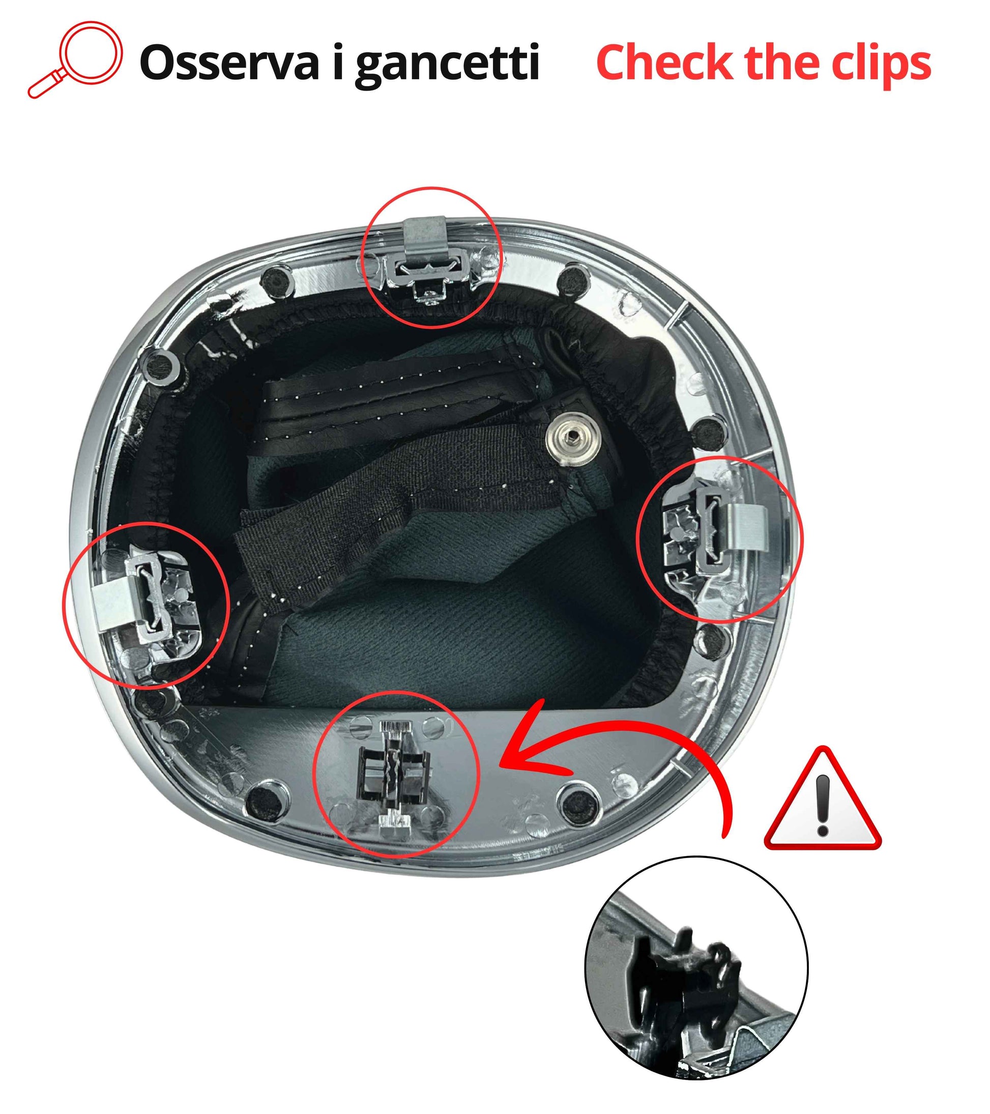 Cuffia Leva Cambio Nera con Cuciture Bianche Compatibile con Lancia Ypsilon 843 2003–2011, Cornice Argento Cromato, Ghiera Premontata OEM 735442310