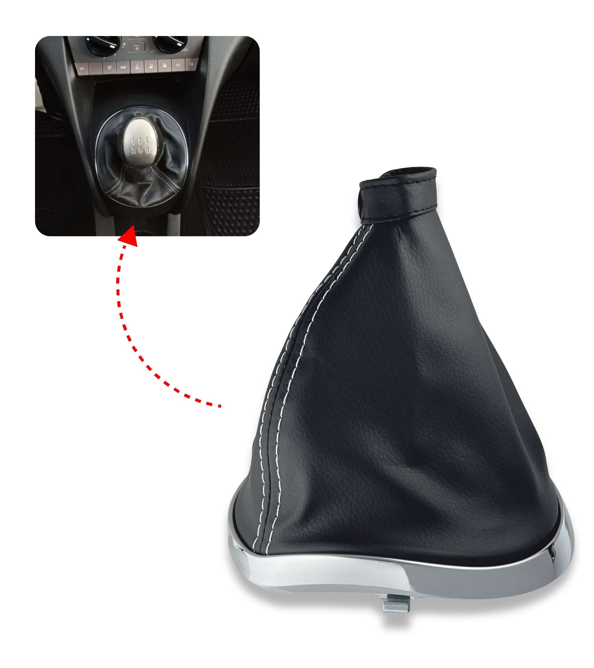 Cuffia Leva Cambio Nera con Cuciture Bianche Compatibile con Lancia Ypsilon 843 2003–2011, Cornice Argento Cromato, Ghiera Premontata OEM 735442310