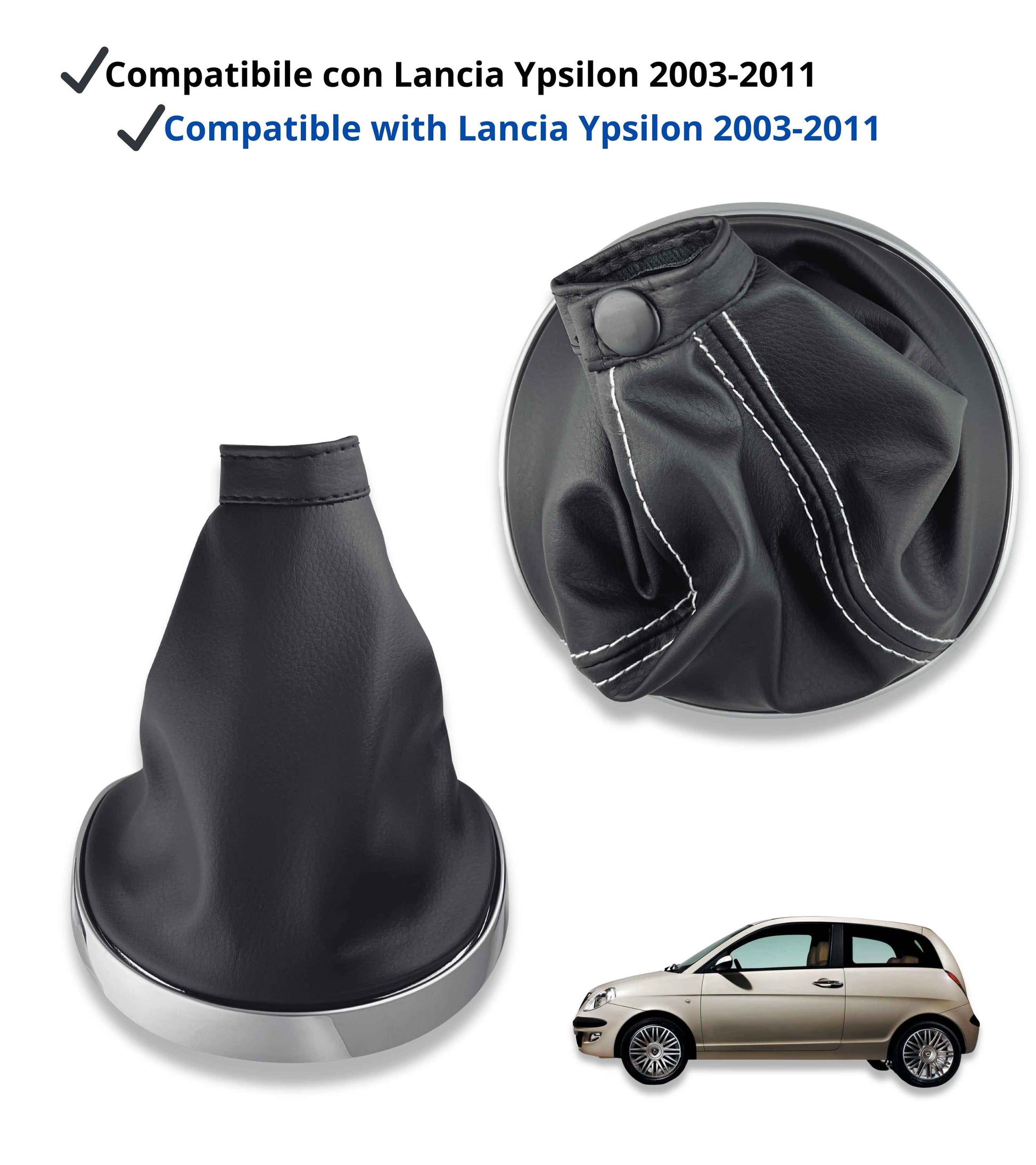 Cuffia Leva Cambio Nera con Cuciture Bianche Compatibile con Lancia Ypsilon 843 2003–2011, Cornice Argento Cromato, Ghiera Premontata OEM 735442310