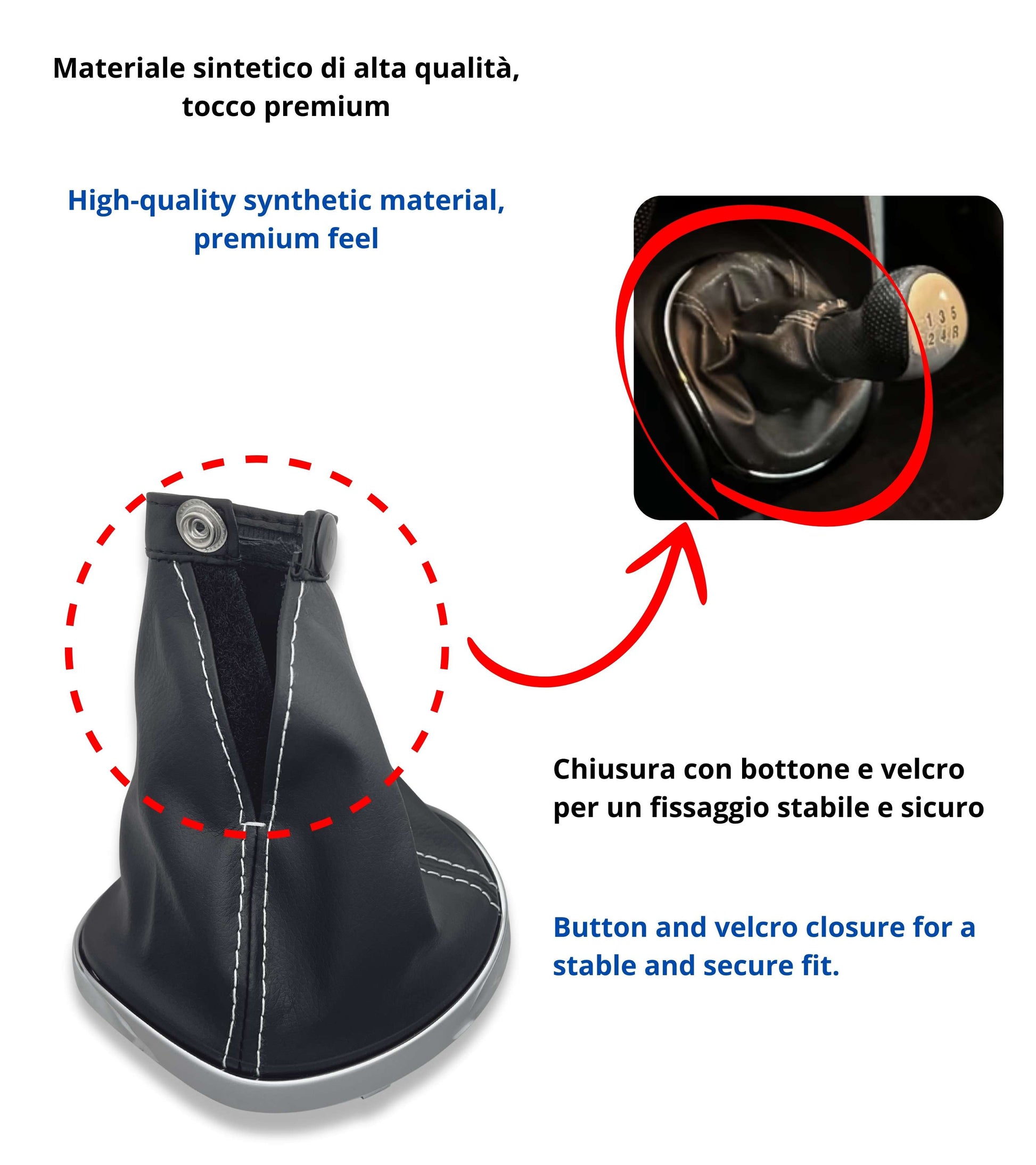 Cuffia Leva Cambio Nera con Cuciture Bianche Compatibile con Lancia Ypsilon 843 2003–2011, Cornice Argento Cromato, Ghiera Premontata OEM 735442310