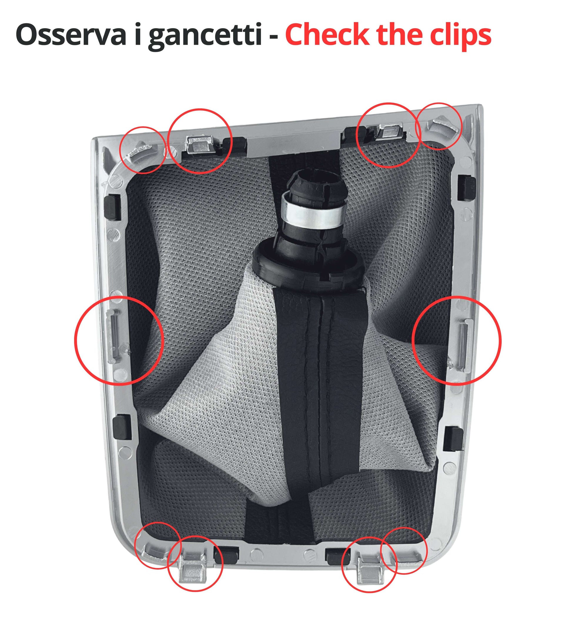 Kit Pomello 6 Marce e Cuffia Leva Cambio Manuale con Cornice Argento Compatibile con Volkswagen Golf 7 GTI GTD MK7 2012–2017, OEM 5G1711113