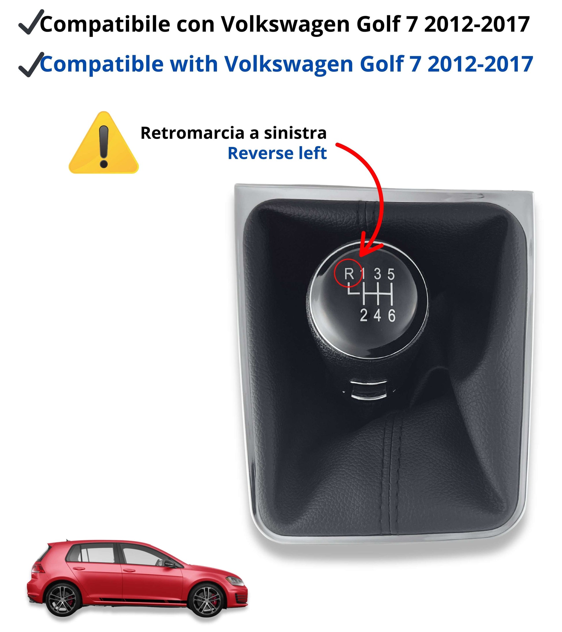 Kit Pomello 6 Marce e Cuffia Leva Cambio Manuale con Cornice Argento Compatibile con Volkswagen Golf 7 GTI GTD MK7 2012–2017, OEM 5G1711113