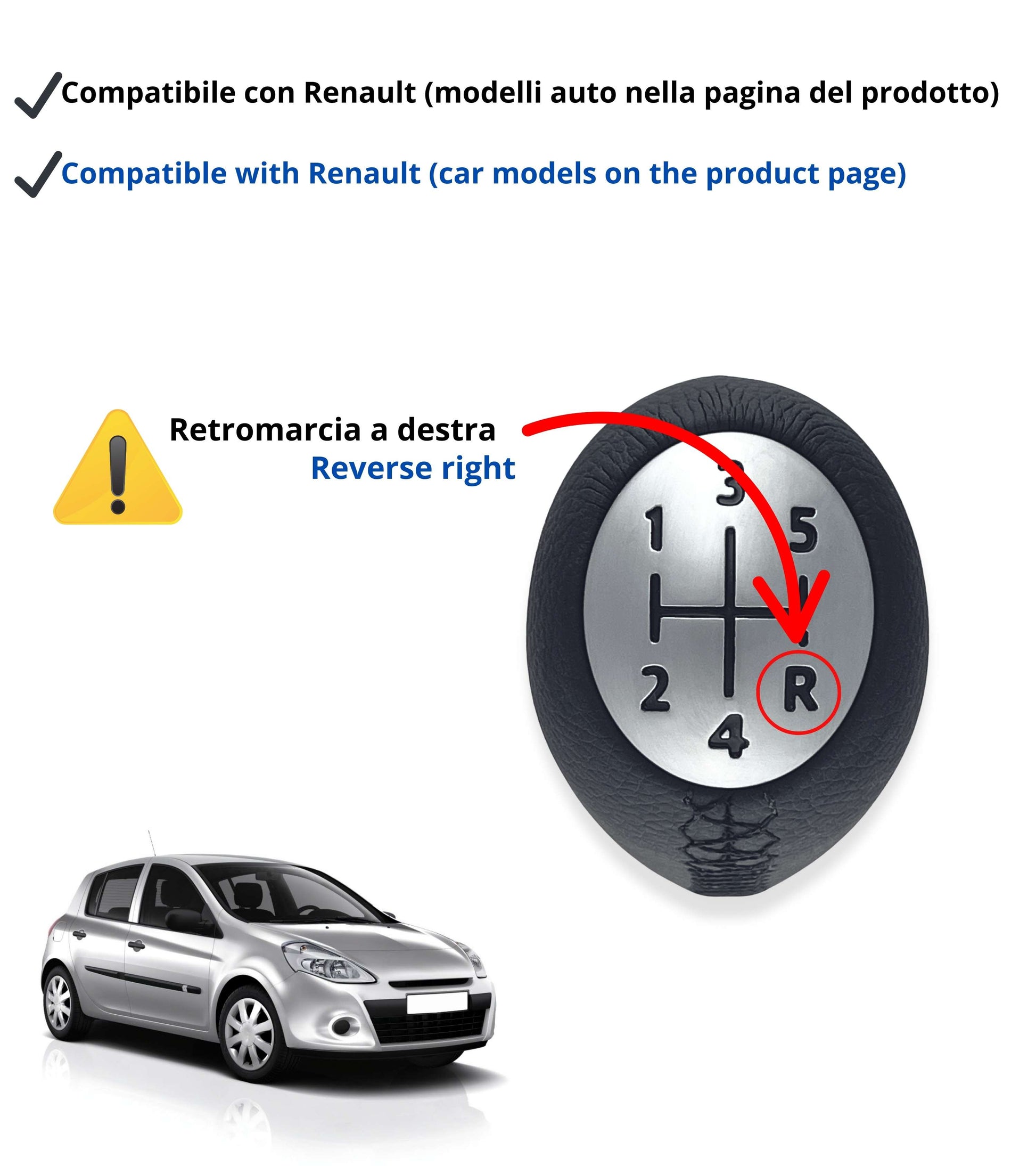 Pomello 5 marce per Leva Cambio Compatibile con Renault Megane e Compatible con Dacia Sandero e Altri Modelli Auto, Nero, Placca Marce Satinata