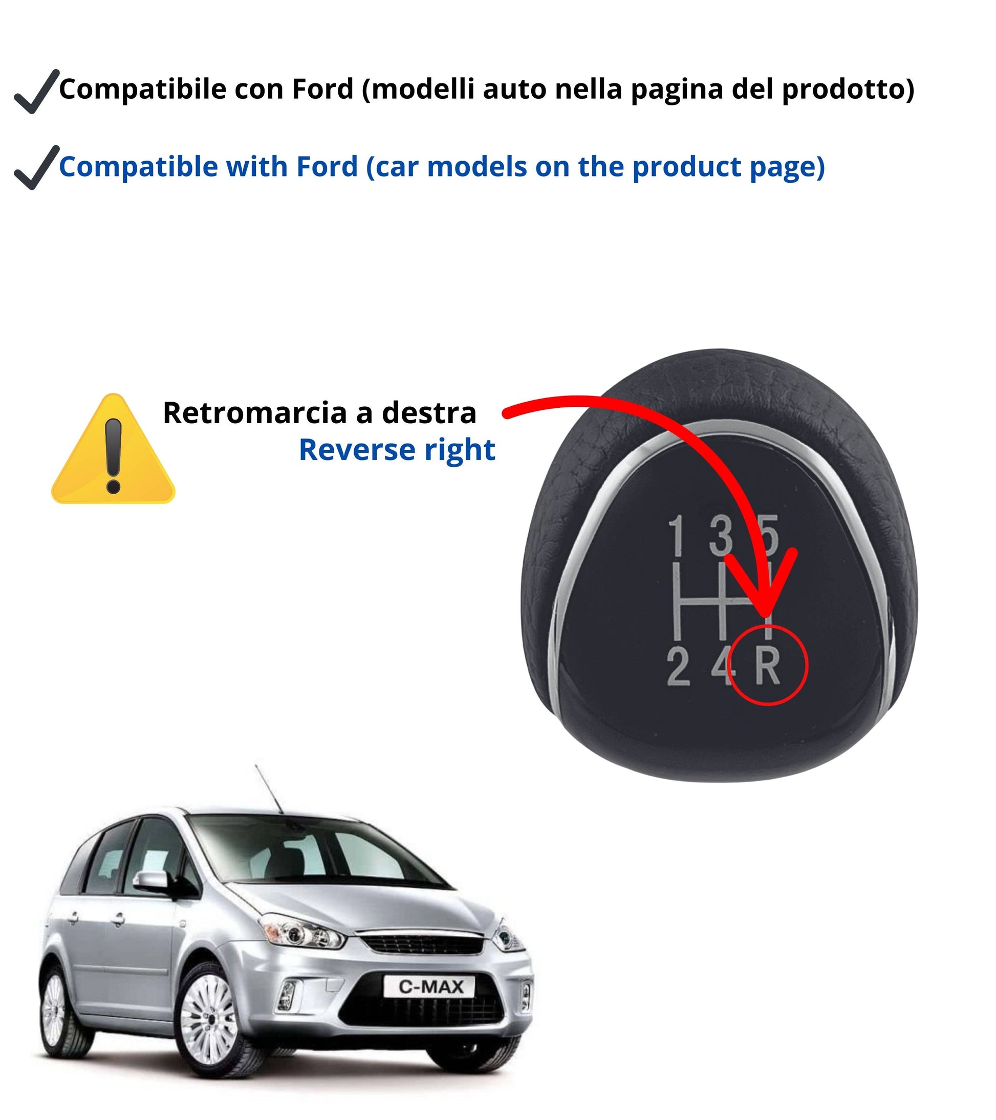 Pomello Leva Cambio 5 Marce Compatibile con Ford Focus 2007–2018, Ford C-MAX 2007–2010, Colore Nero, con Filettatura, Compatibile con OEM 1798600