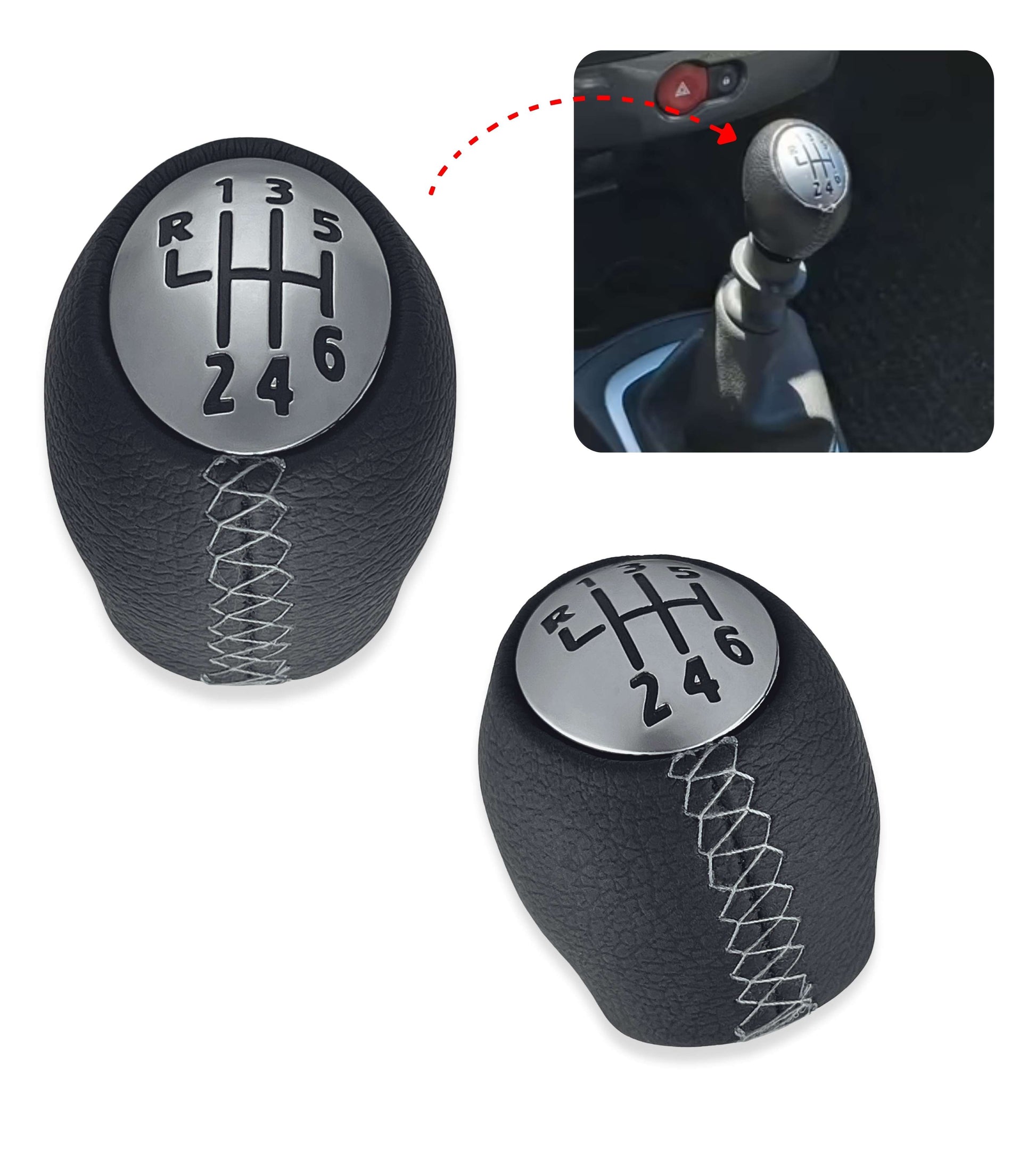 Pomello Leva Cambio 6 Marce Nero Cuciture Grigie Compatibile Con Renault Clio Megane Scenic Trafic Laguna Dacia Duster Opel Movano Vivaro