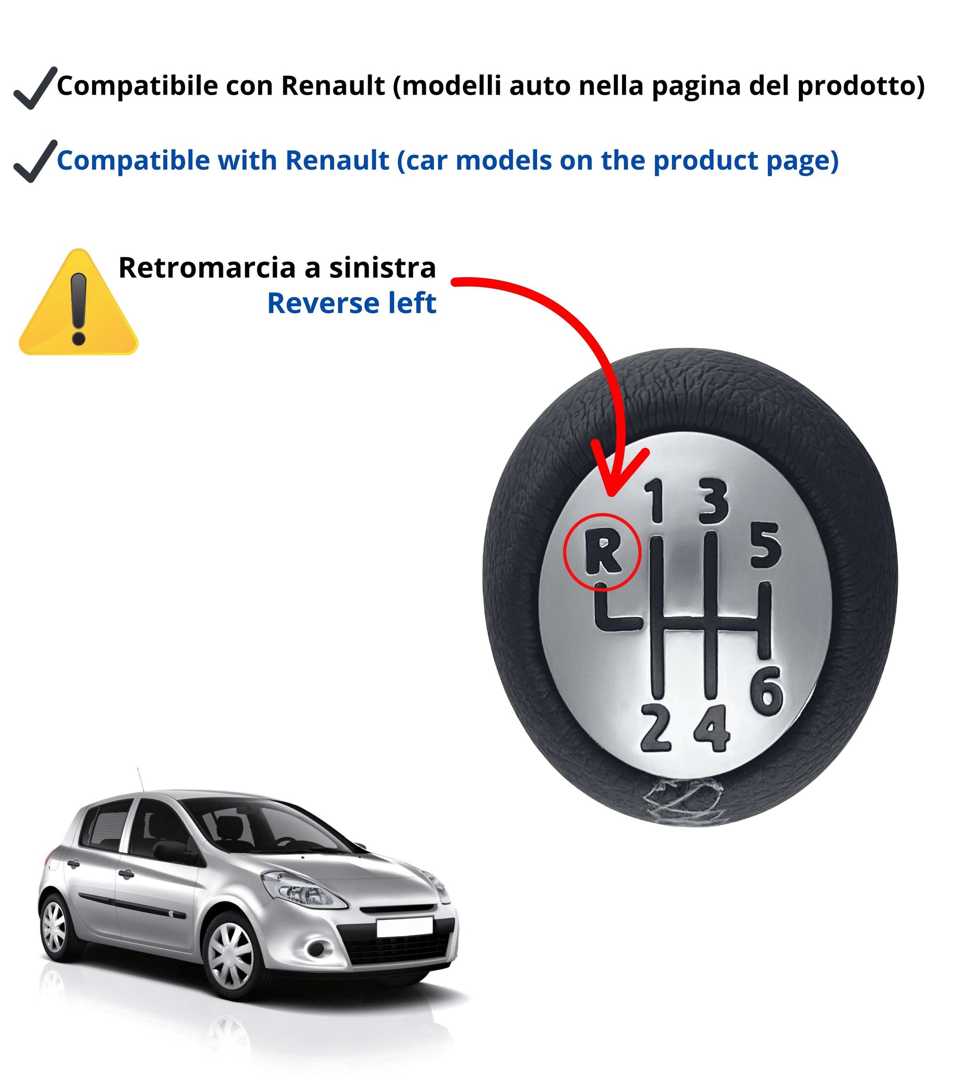 Pomello Leva Cambio 6 Marce Nero Cuciture Grigie Compatibile Con Renault Clio Megane Scenic Trafic Laguna Dacia Duster Opel Movano Vivaro
