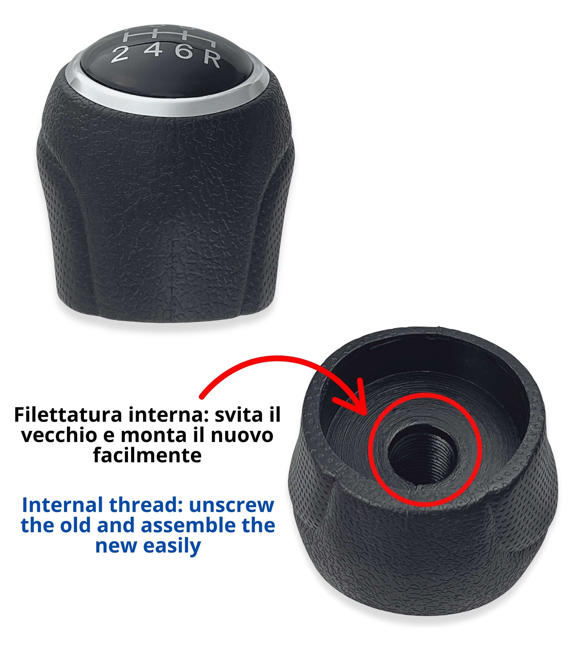 Pomello Leva Cambio 6 Marce Compatibile con Fiat Sedici 2006–2014, Nero con Finiture Argento, Retromarcia a Destra, Filettatura Integrata