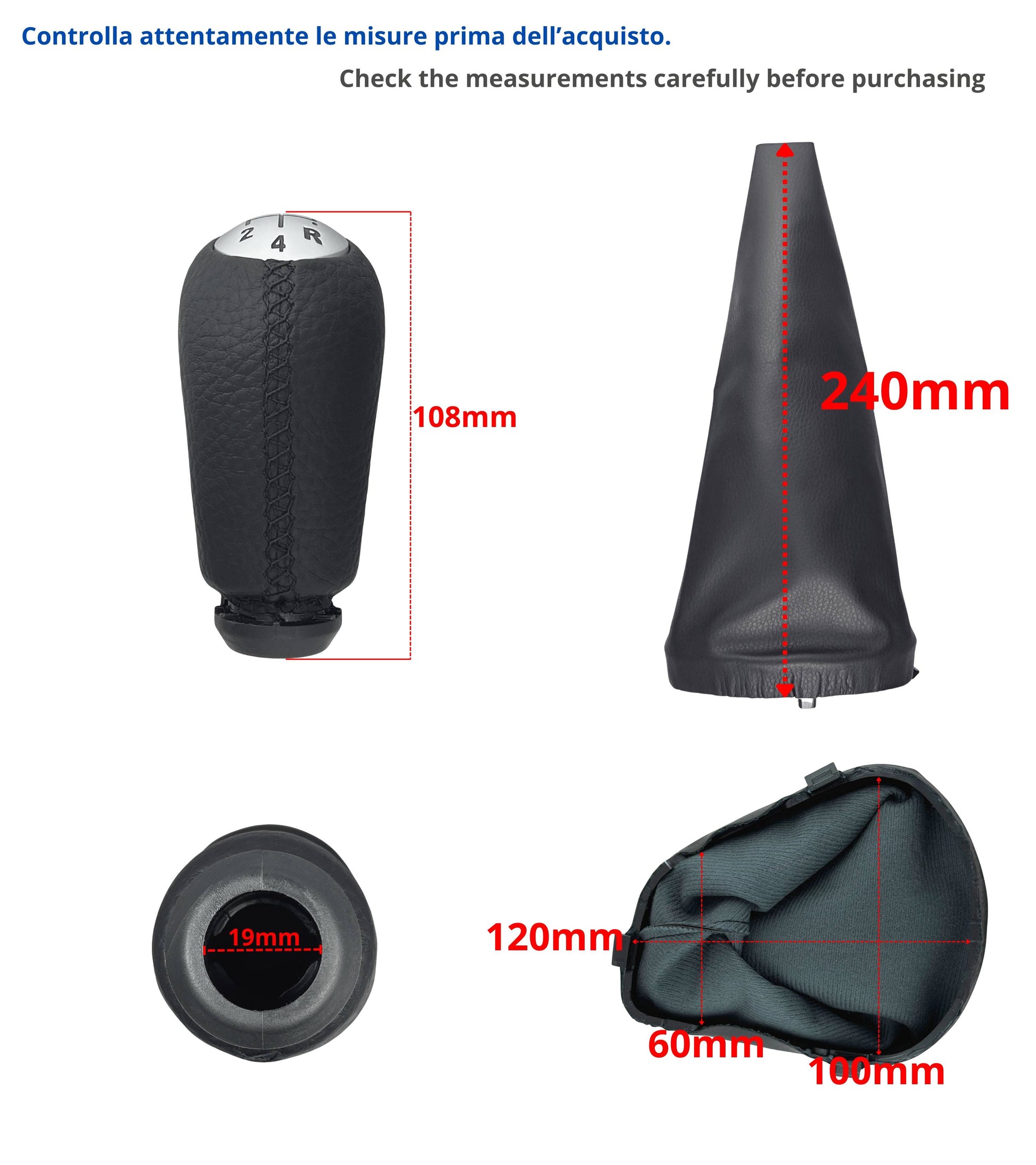 Kit Pomello Leva Cambio 5 Marce e Cuffia con Ghiera Compatibile con Dacia Logan MCV II 2013–2022, OEM 969356242R - Set colore nero con cuciture nere