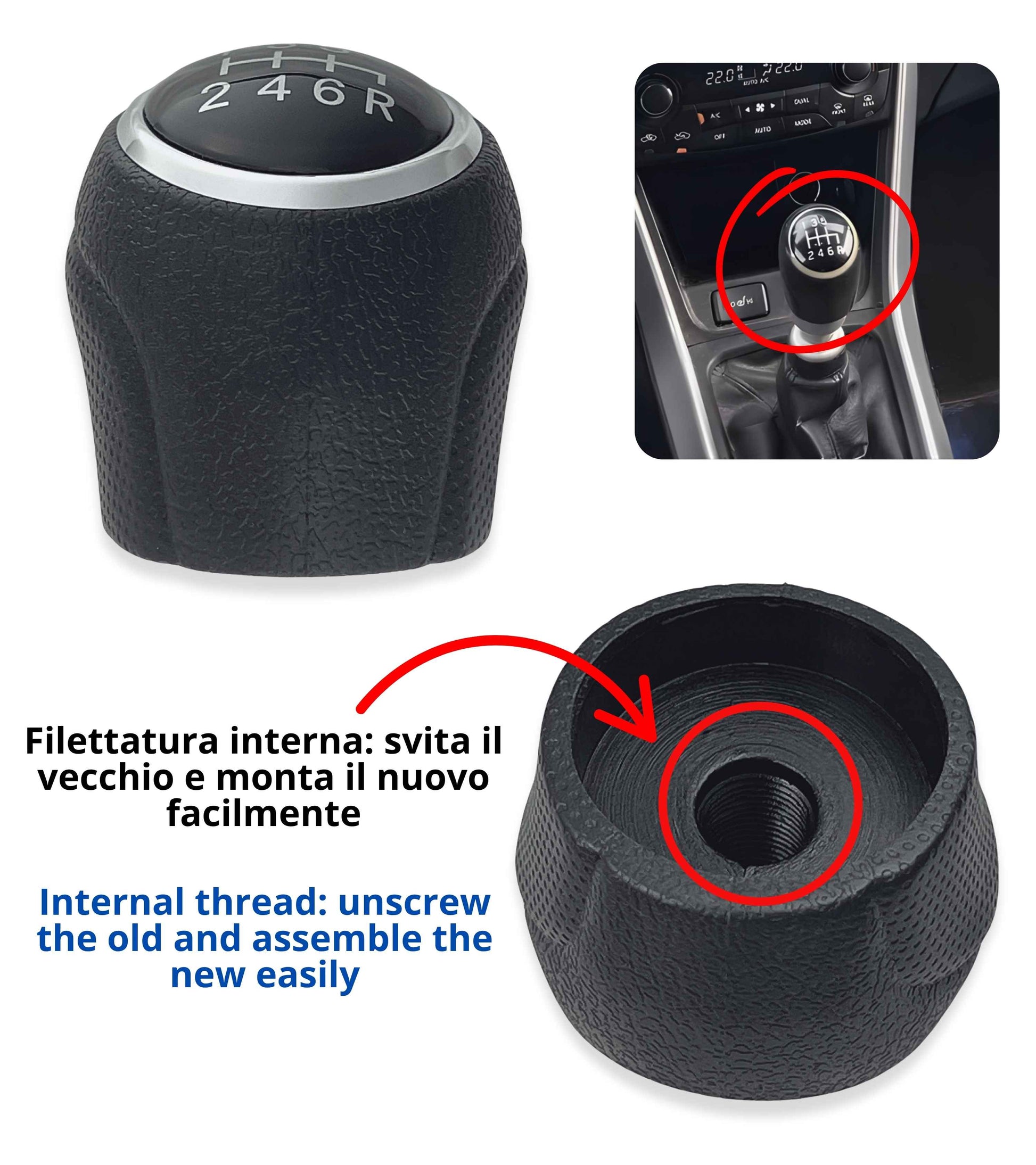 Pomello Leva Cambio 6 Marce Compatibile con Suzuki SX4, SX4 S-Cross (2013–2022) Vitara III (2015–2022), Nero con Filettatura Integrata