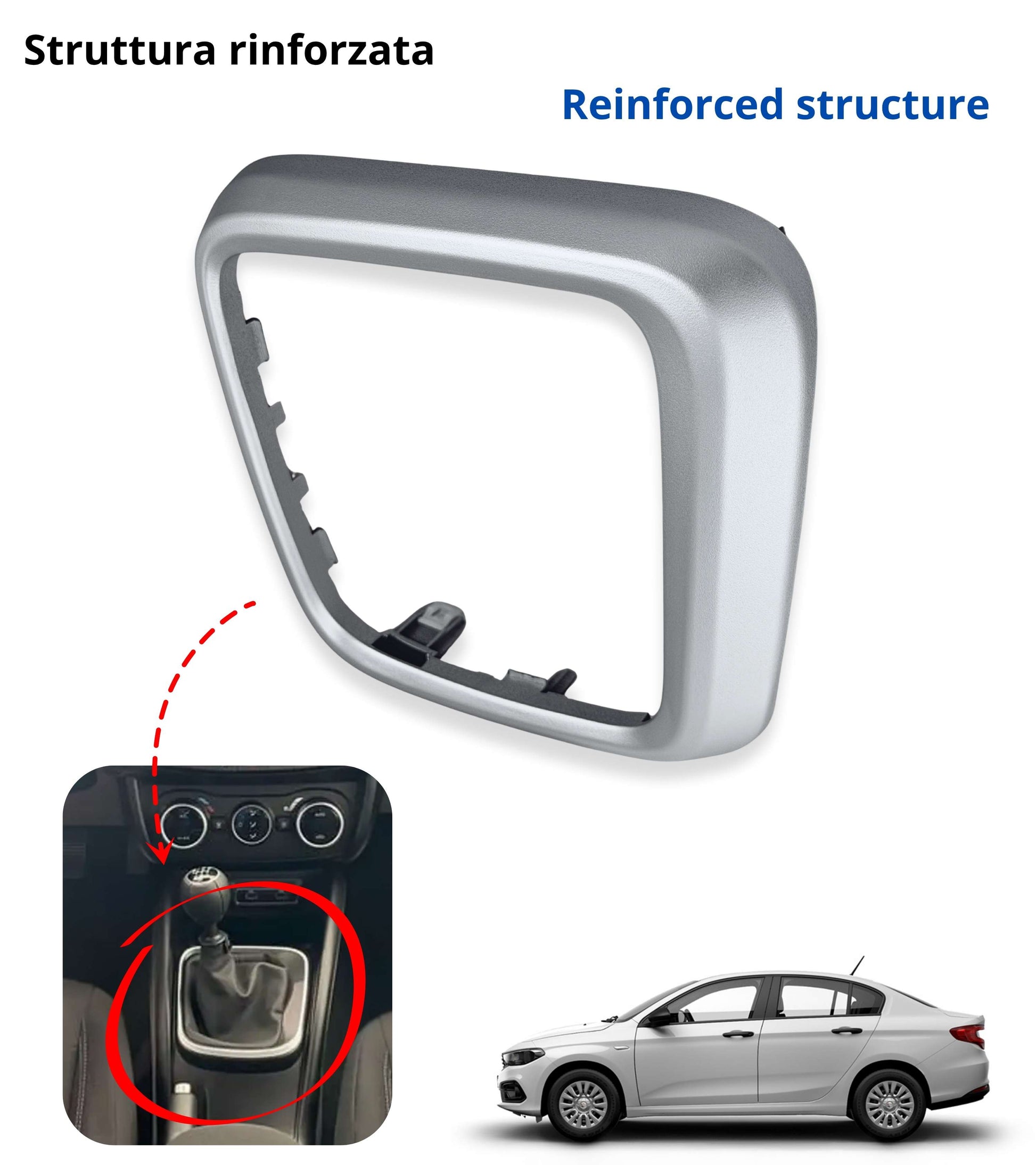 Cornice e Ghiera di Ritenzione con Clips Compatibile con Fiat Tipo 356 2015+, 357 2016+, 358 2016+, Telaio Argento per Cuffia Leva del Cambio