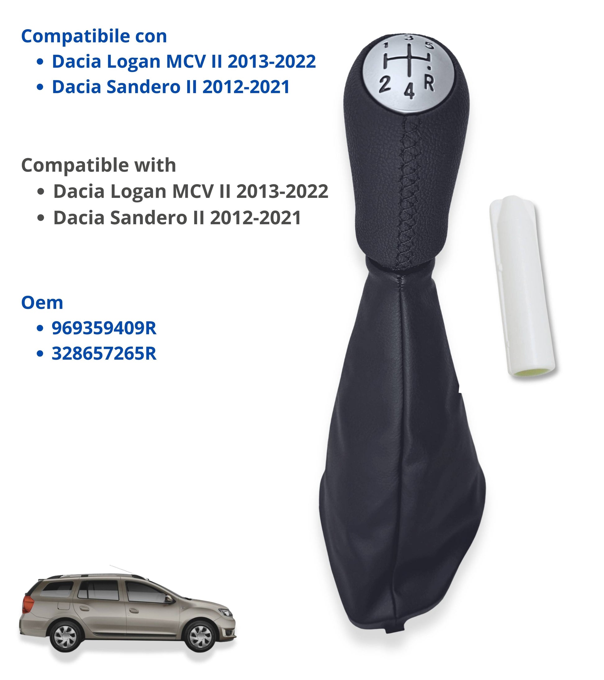 Kit Pomello Leva Cambio 5 Marce e Cuffia, Ghiera di Ritenzione e Adattatore, Compatibile con Dacia Logan MCV II 2013–2022, Sandero II 2012-2021