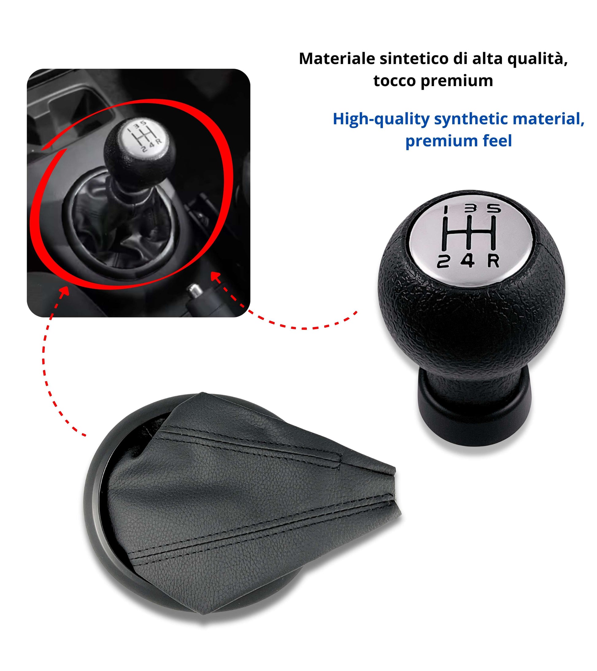 Kit Pomello Leva Cambio 5 Marce Cuffia Cuciture Nere, Ghiera Compatibile con Suzuki Swift 2005–2010, SX4 2007–2013, Alto 2009–2014, per leva forma T