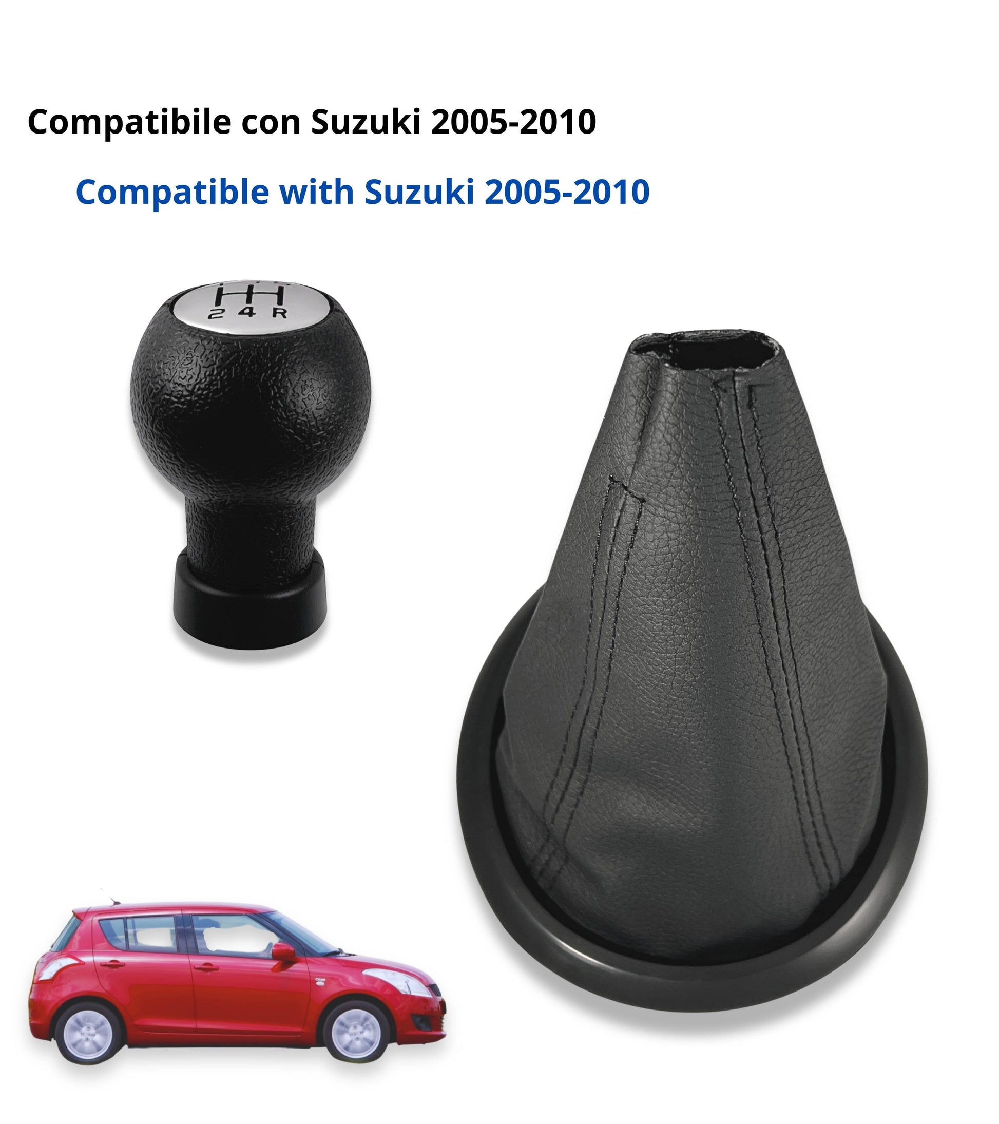 Kit Pomello Leva Cambio 5 Marce Cuffia Cuciture Nere, Ghiera Compatibile con Suzuki Swift 2005–2010, SX4 2007–2013, Alto 2009–2014, per leva forma T