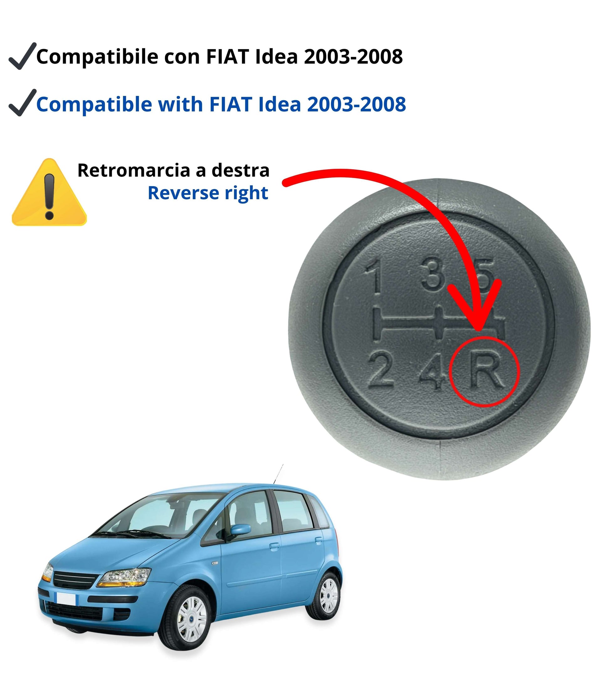 Pomello Leva Cambio 5 Marce Compatibile con Fiat Idea 2003–2008, OEM 735365505, Colore Grigio con Numeri Incisi, Retromarcia in Basso a Destra
