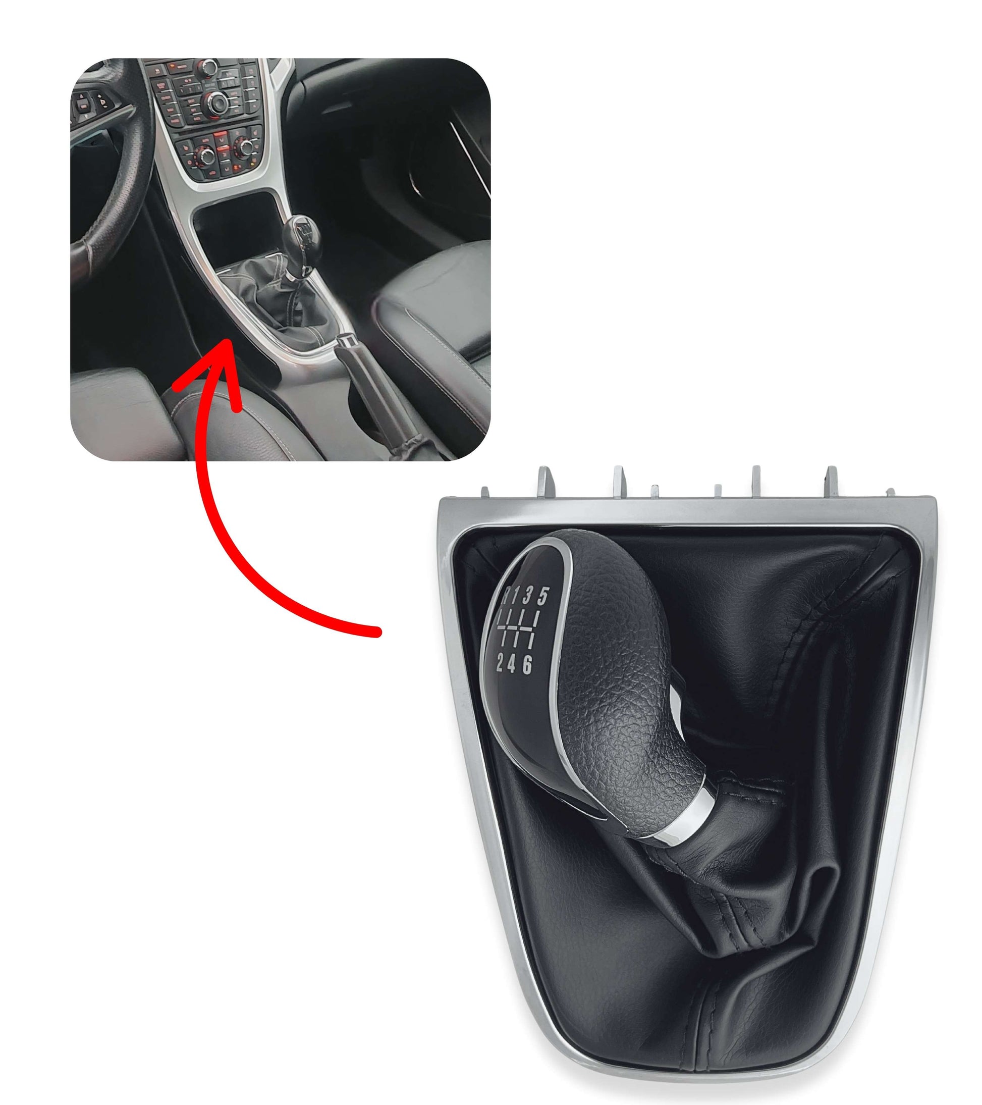 Kit Pomello per Leva Cambio 6 Marce e Cuffia Compatibile con Opel Astra J 2010–2015, Sacca con Cornice Argento e Ghiera di Ritenzione, verifica OEM