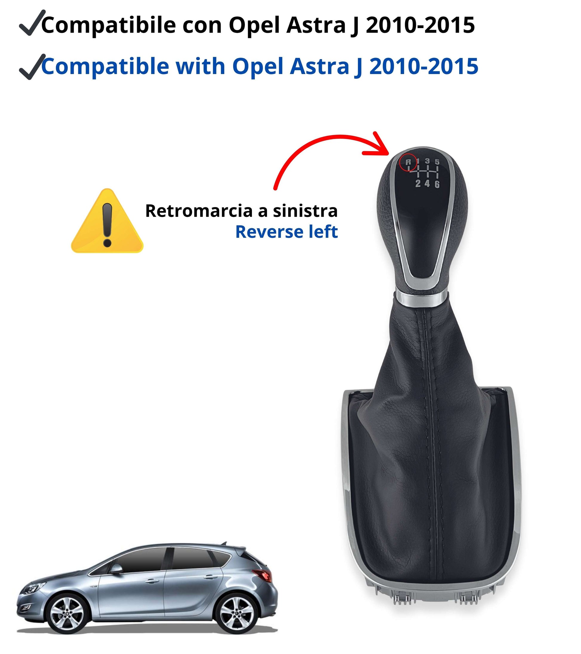 Kit Pomello per Leva Cambio 6 Marce e Cuffia Compatibile con Opel Astra J 2010–2015, Sacca con Cornice Argento e Ghiera di Ritenzione, verifica OEM