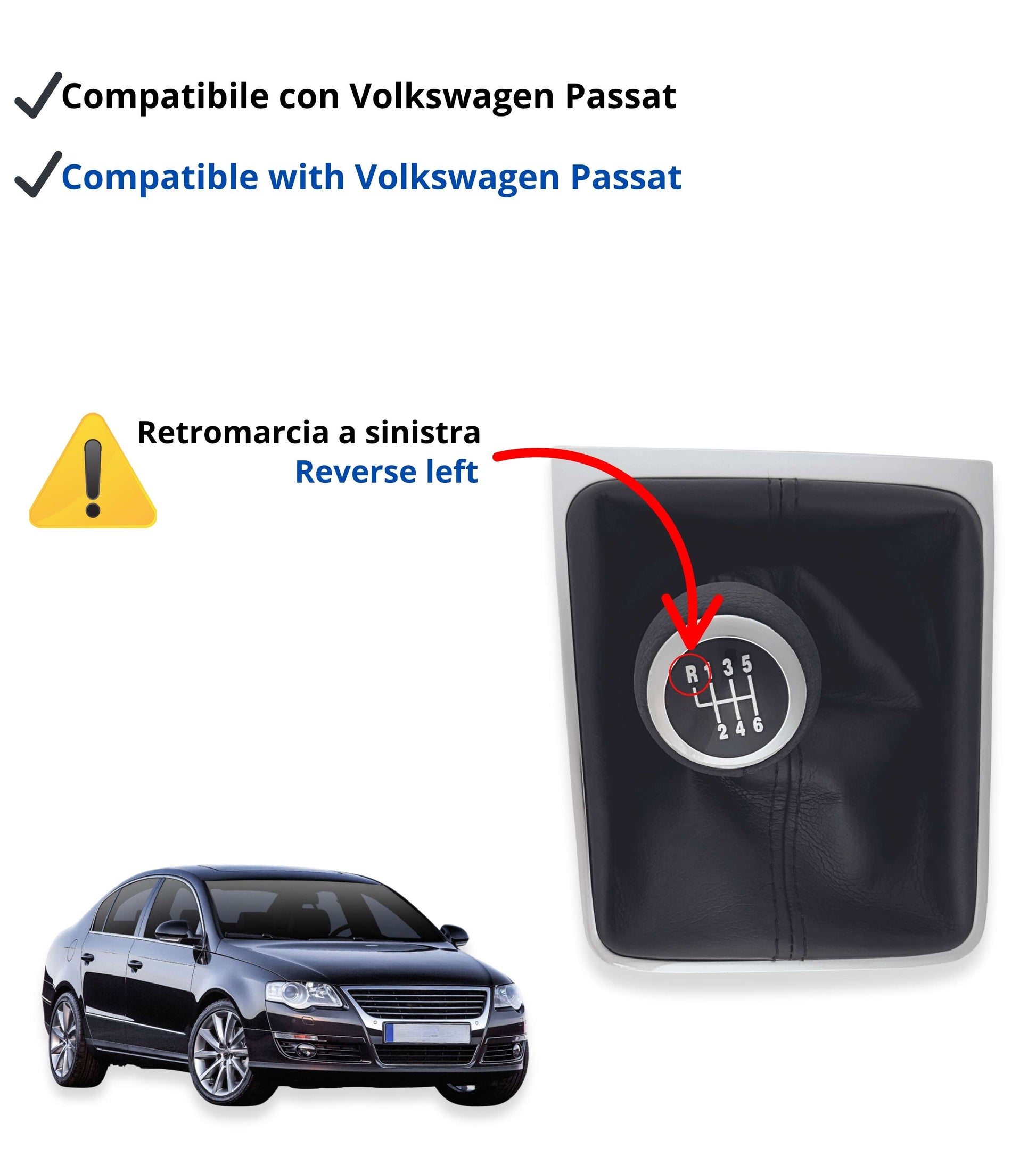 Kit Pomello Leva Cambio 6 Marce e Cuffia con Telaio Argento Compatibile con Volkswagen Passat VI B6 (3C2) 2005–2010 e Passat Variant (3C5) 2005–2011