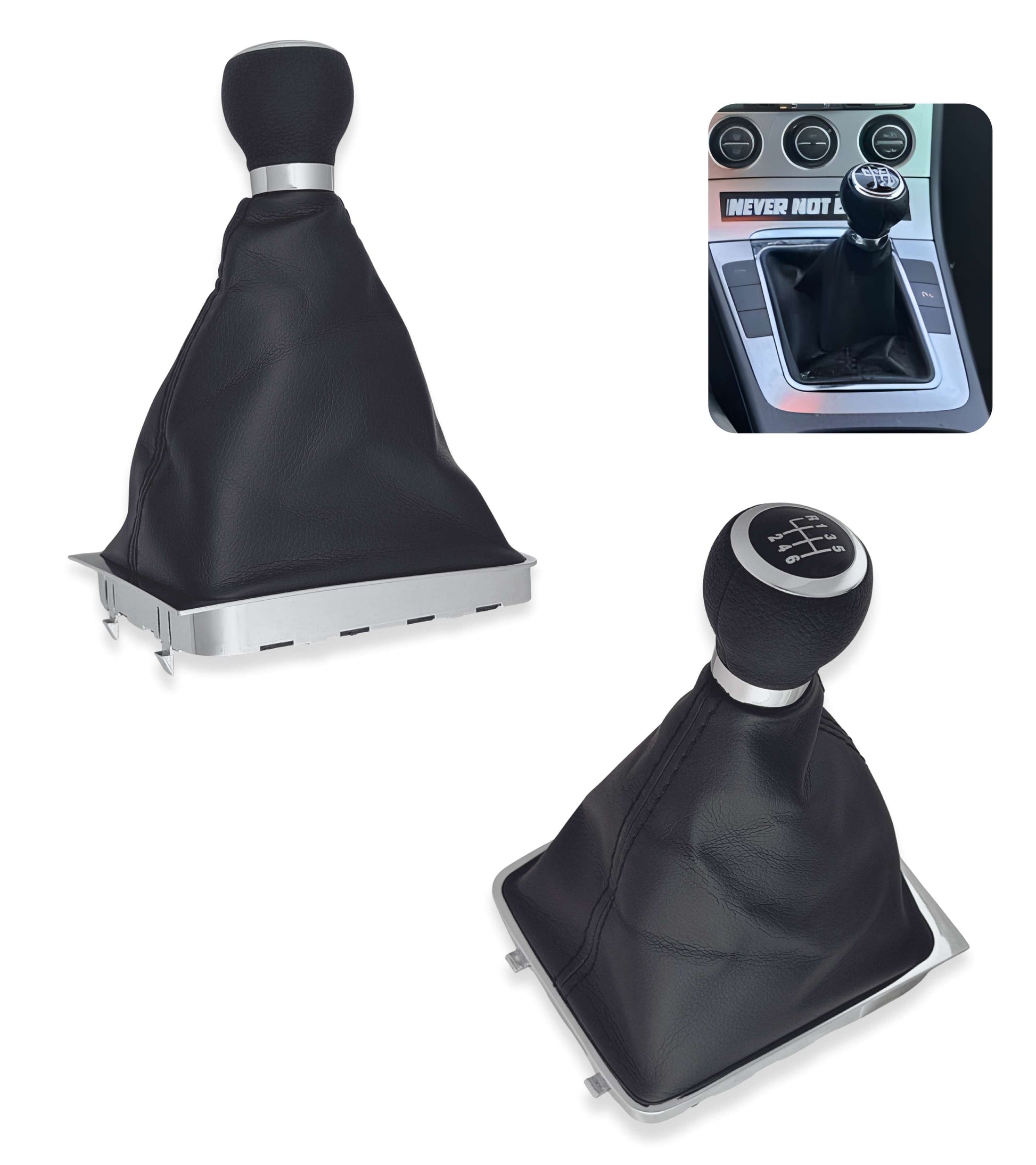 Kit Pomello Leva Cambio 6 Marce e Cuffia con Telaio Argento Compatibile con Volkswagen Passat VI B6 (3C2) 2005–2010 e Passat Variant (3C5) 2005–2011